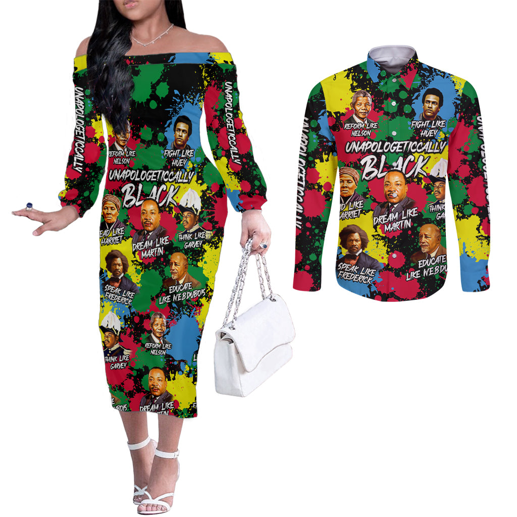 Unapologetically Black Couples Matching Off The Shoulder Long Sleeve Dress and Long Sleeve Button Shirt Civil Rights Leaders