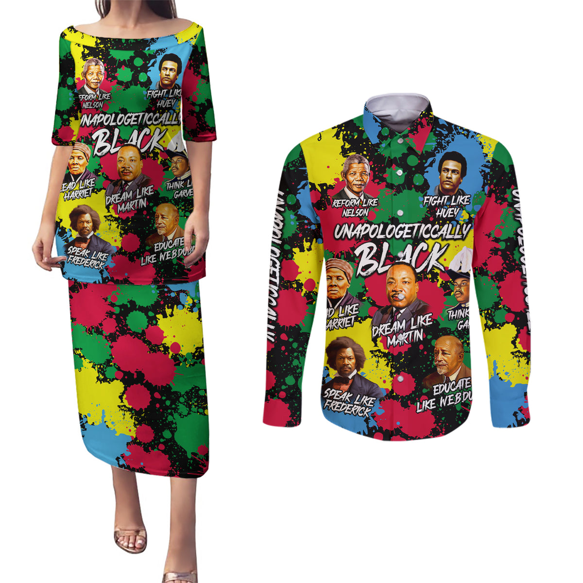Unapologetically Black Couples Matching Puletasi and Long Sleeve Button Shirt Civil Rights Leaders - Wonder Print Shop