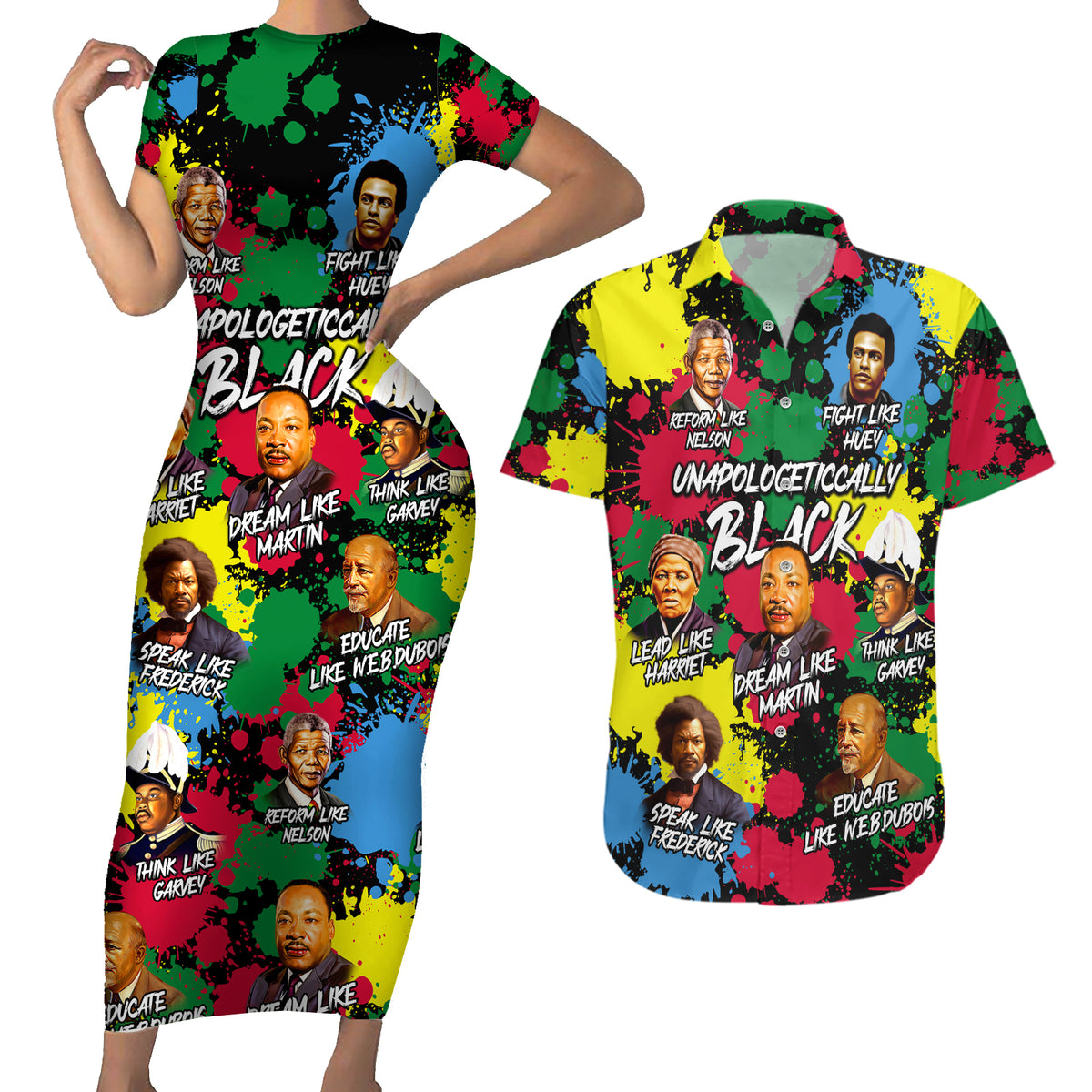 Unapologetically Black Couples Matching Short Sleeve Bodycon Dress and Hawaiian Shirt Civil Rights Leaders - Wonder Print Shop