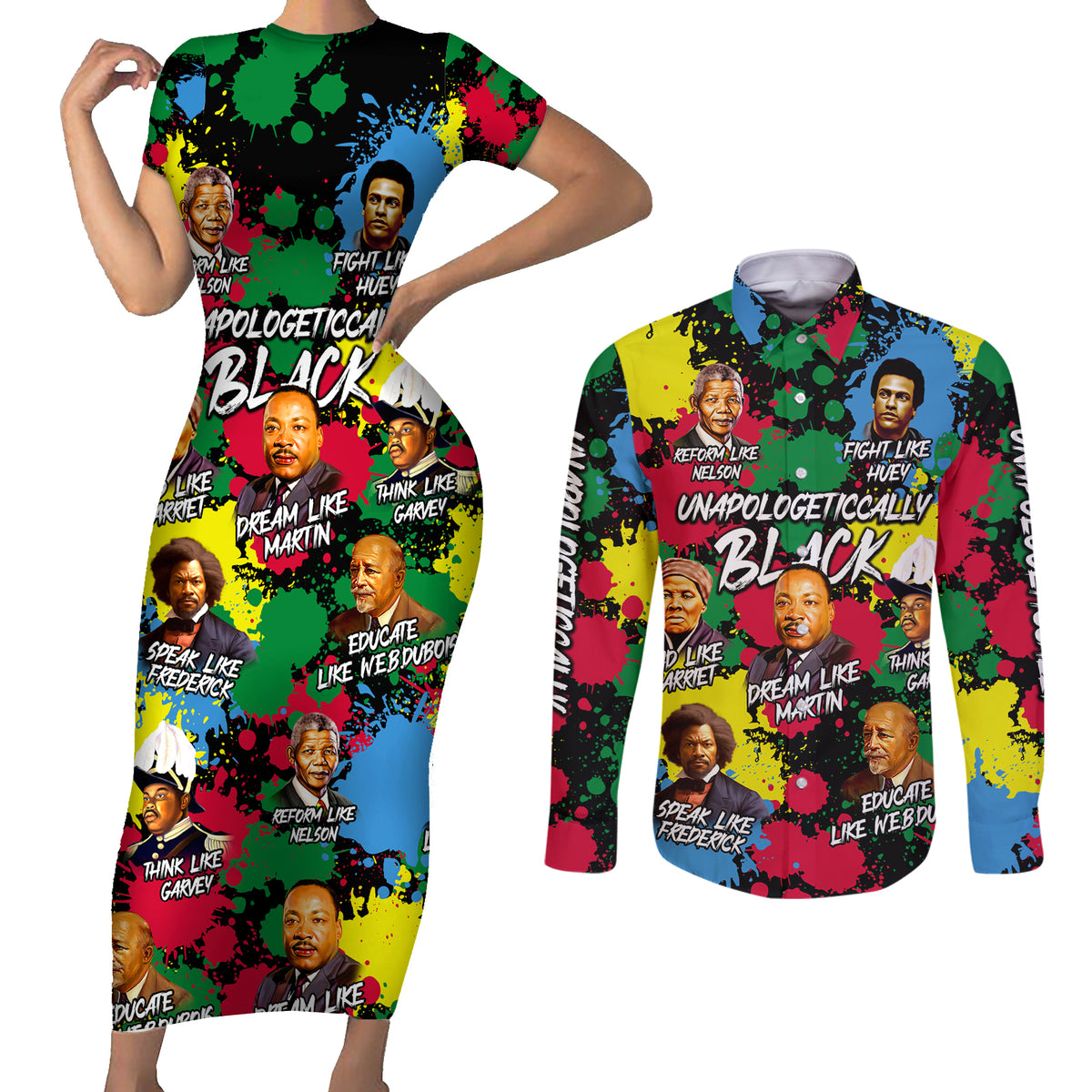 Unapologetically Black Couples Matching Short Sleeve Bodycon Dress and Long Sleeve Button Shirt Civil Rights Leaders - Wonder Print Shop