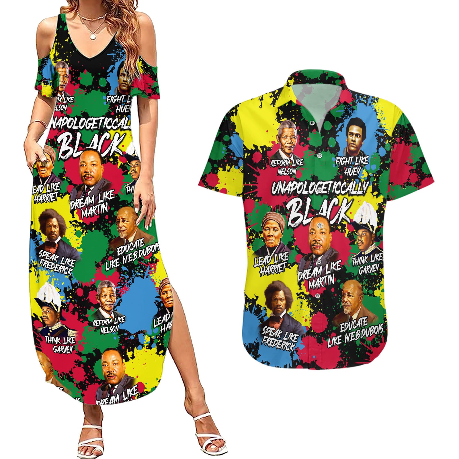 Unapologetically Black Couples Matching Summer Maxi Dress and Hawaiian Shirt Civil Rights Leaders