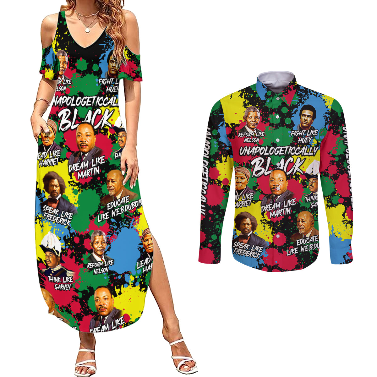 Unapologetically Black Couples Matching Summer Maxi Dress and Long Sleeve Button Shirt Civil Rights Leaders - Wonder Print Shop