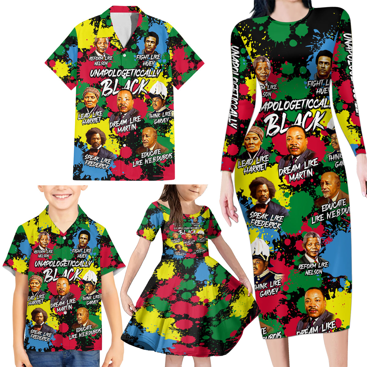 Unapologetically Black Family Matching Long Sleeve Bodycon Dress and Hawaiian Shirt Civil Rights Leaders - Wonder Print Shop