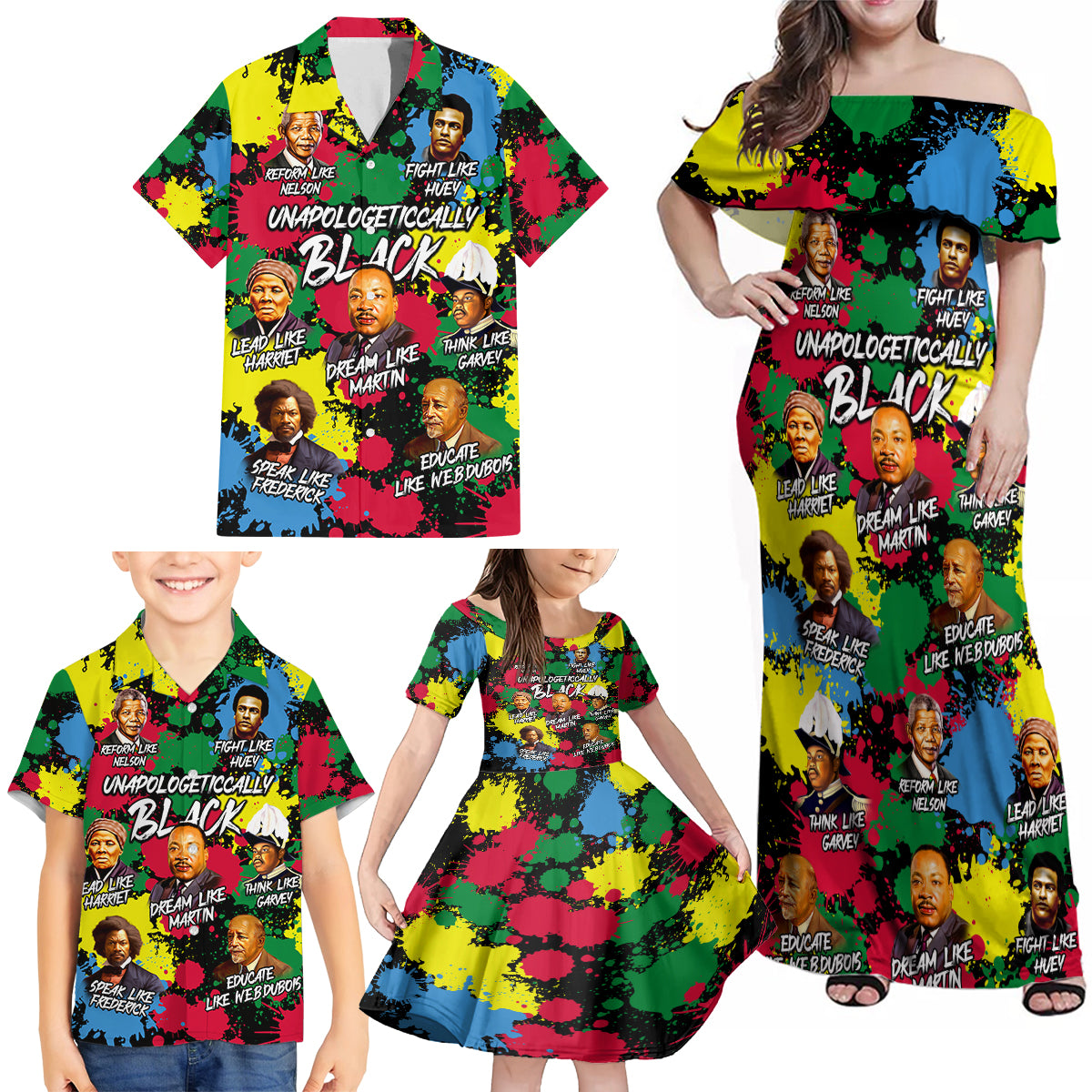 Unapologetically Black Family Matching Off Shoulder Maxi Dress and Hawaiian Shirt Civil Rights Leaders - Wonder Print Shop