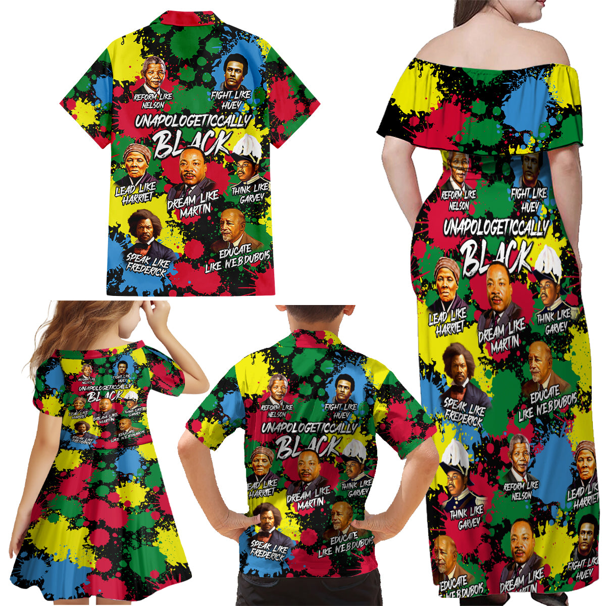 Unapologetically Black Family Matching Off Shoulder Maxi Dress and Hawaiian Shirt Civil Rights Leaders - Wonder Print Shop