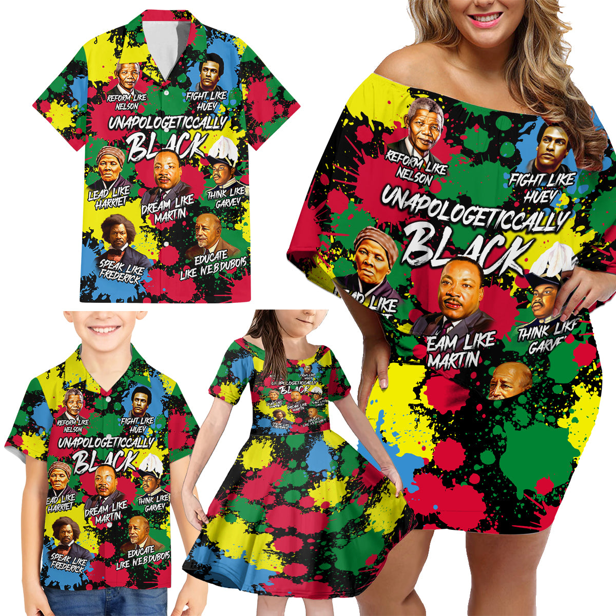 Unapologetically Black Family Matching Off Shoulder Short Dress and Hawaiian Shirt Civil Rights Leaders