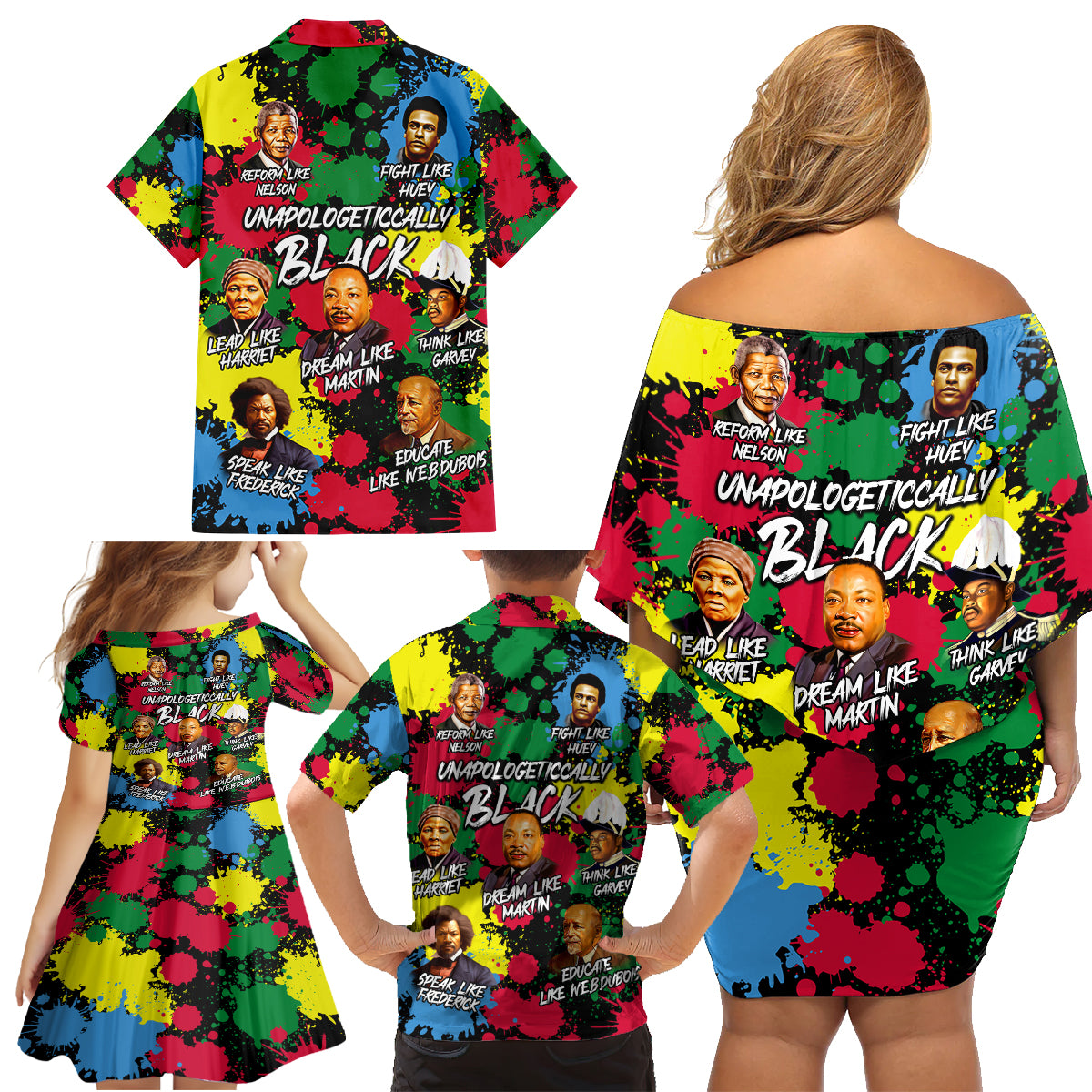 Unapologetically Black Family Matching Off Shoulder Short Dress and Hawaiian Shirt Civil Rights Leaders - Wonder Print Shop