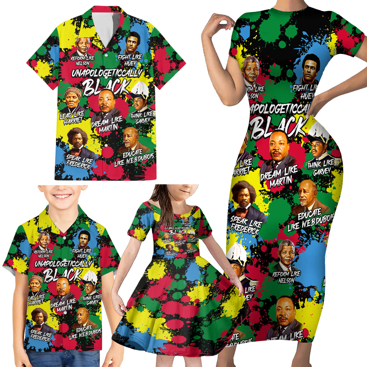 Unapologetically Black Family Matching Short Sleeve Bodycon Dress and Hawaiian Shirt Civil Rights Leaders - Wonder Print Shop