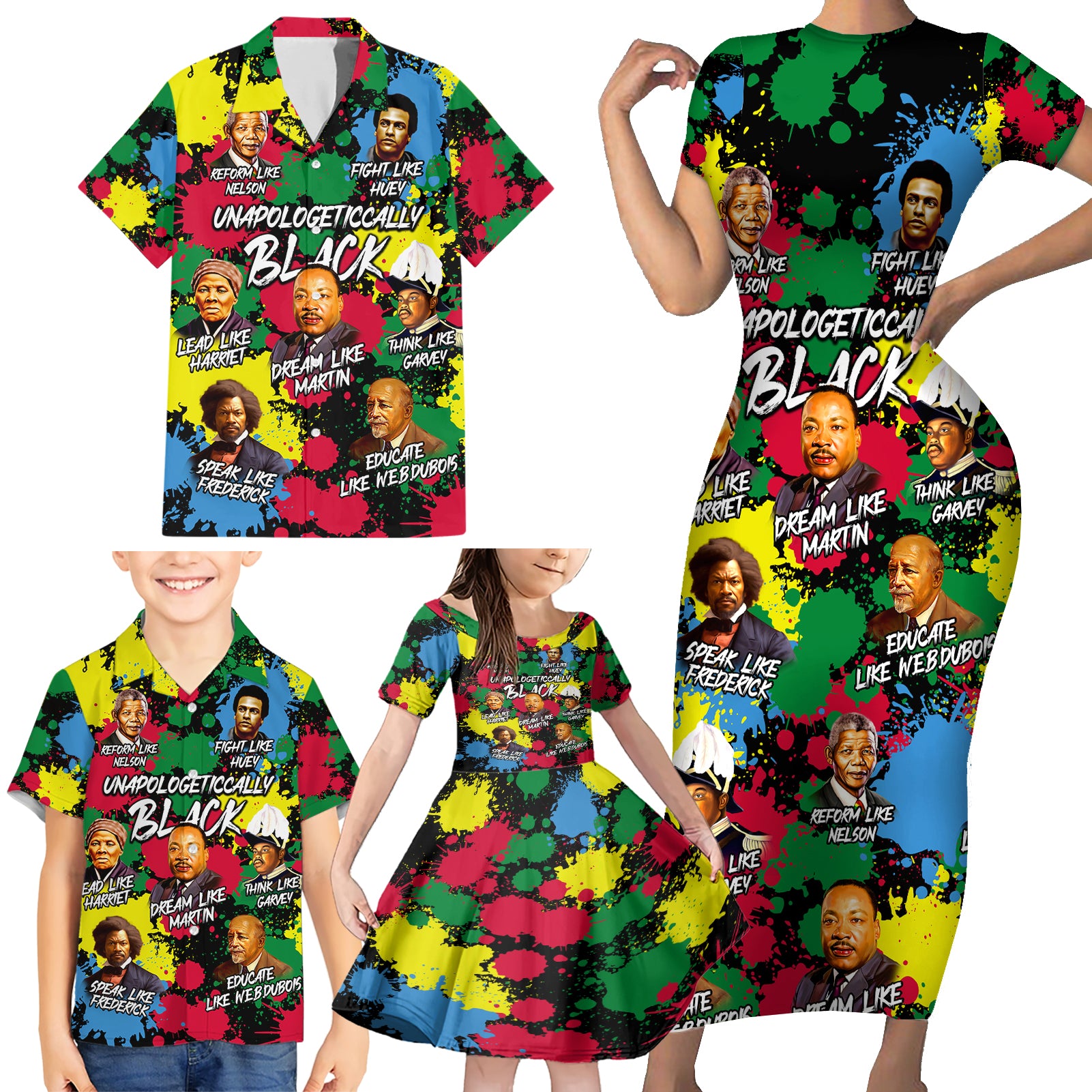 Unapologetically Black Family Matching Short Sleeve Bodycon Dress and Hawaiian Shirt Civil Rights Leaders