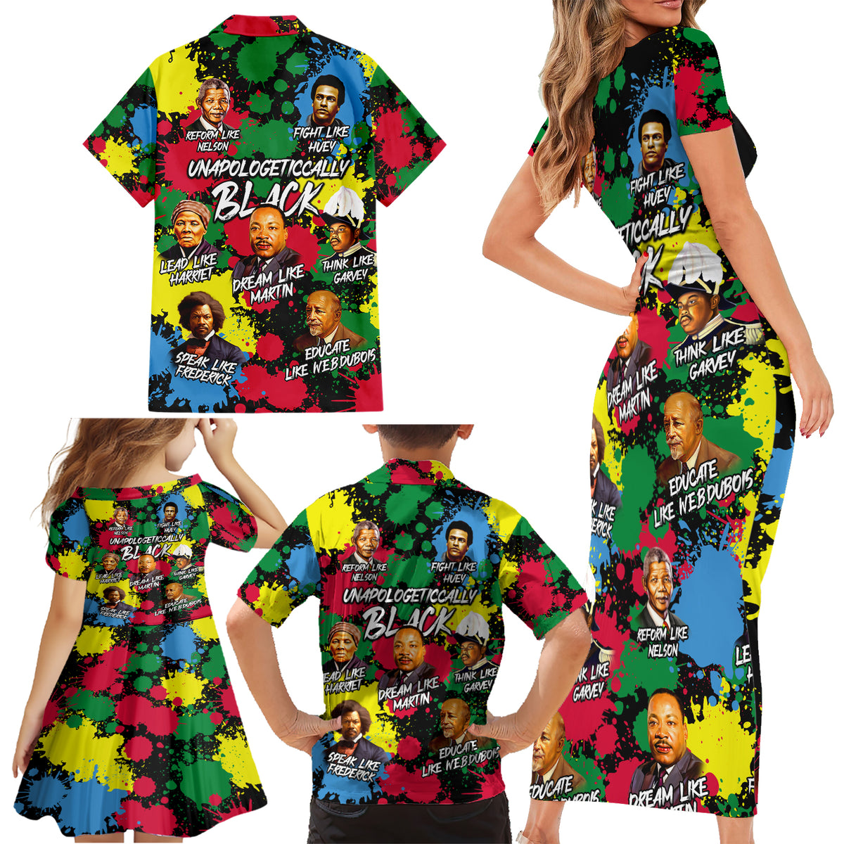 Unapologetically Black Family Matching Short Sleeve Bodycon Dress and Hawaiian Shirt Civil Rights Leaders - Wonder Print Shop