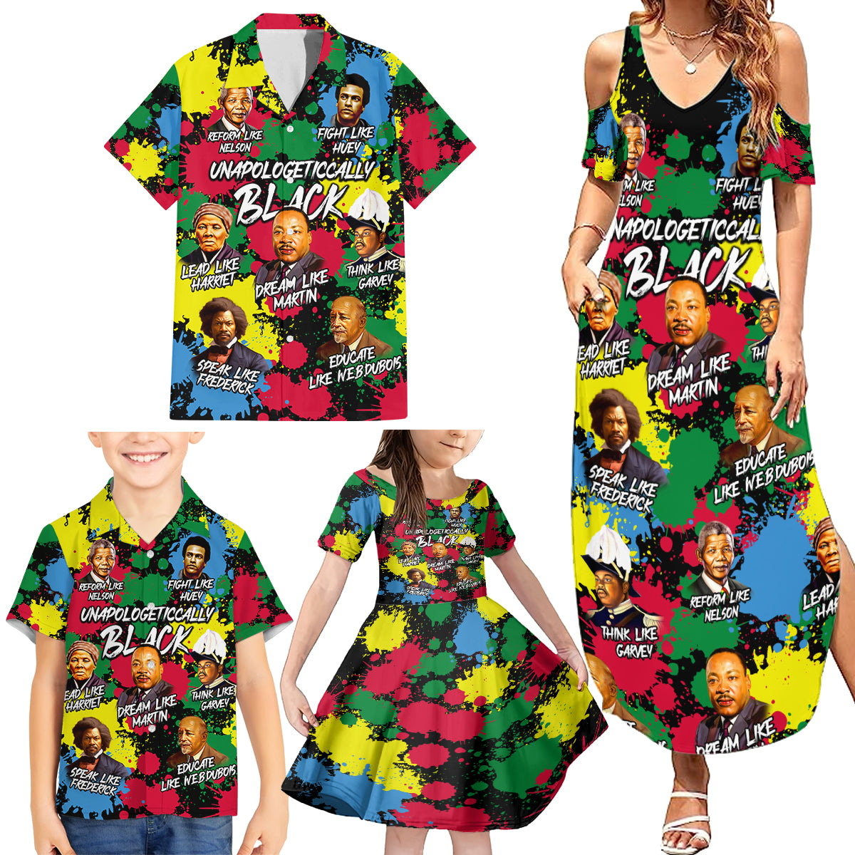 Unapologetically Black Family Matching Summer Maxi Dress and Hawaiian Shirt Civil Rights Leaders