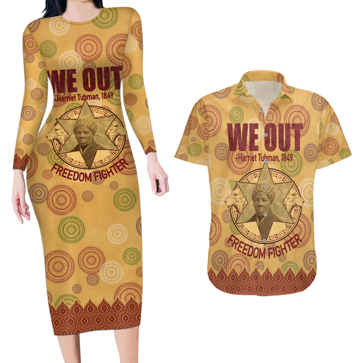 We Out 1849 African-American Couples Matching Long Sleeve Bodycon Dress and Hawaiian Shirt Harriet Tubman - Wonder Print Shop