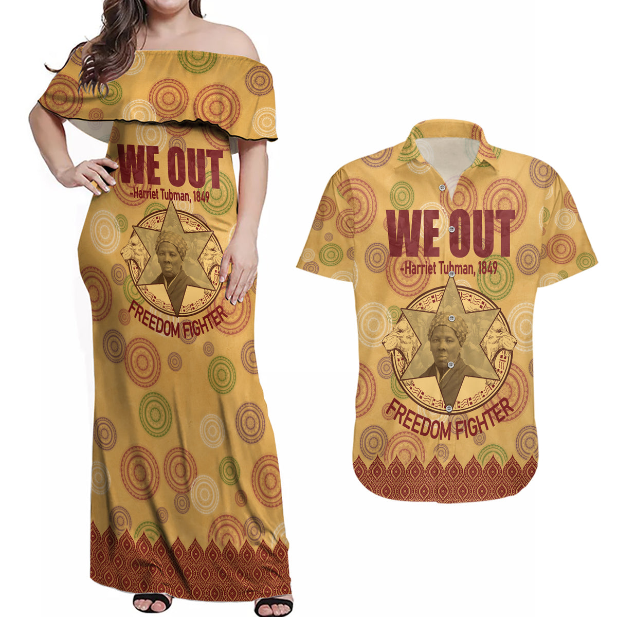 We Out 1849 African-American Couples Matching Off Shoulder Maxi Dress and Hawaiian Shirt Harriet Tubman - Wonder Print Shop