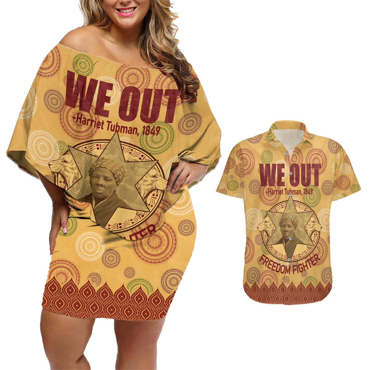 We Out 1849 African-American Couples Matching Off Shoulder Short Dress and Hawaiian Shirt Harriet Tubman - Wonder Print Shop