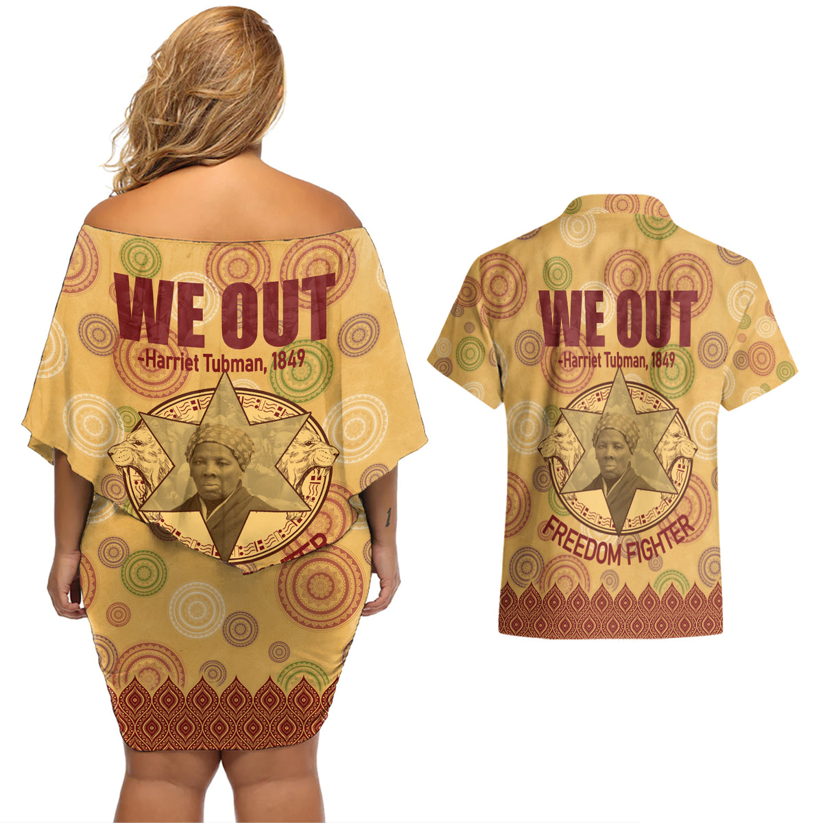 We Out 1849 African-American Couples Matching Off Shoulder Short Dress and Hawaiian Shirt Harriet Tubman - Wonder Print Shop
