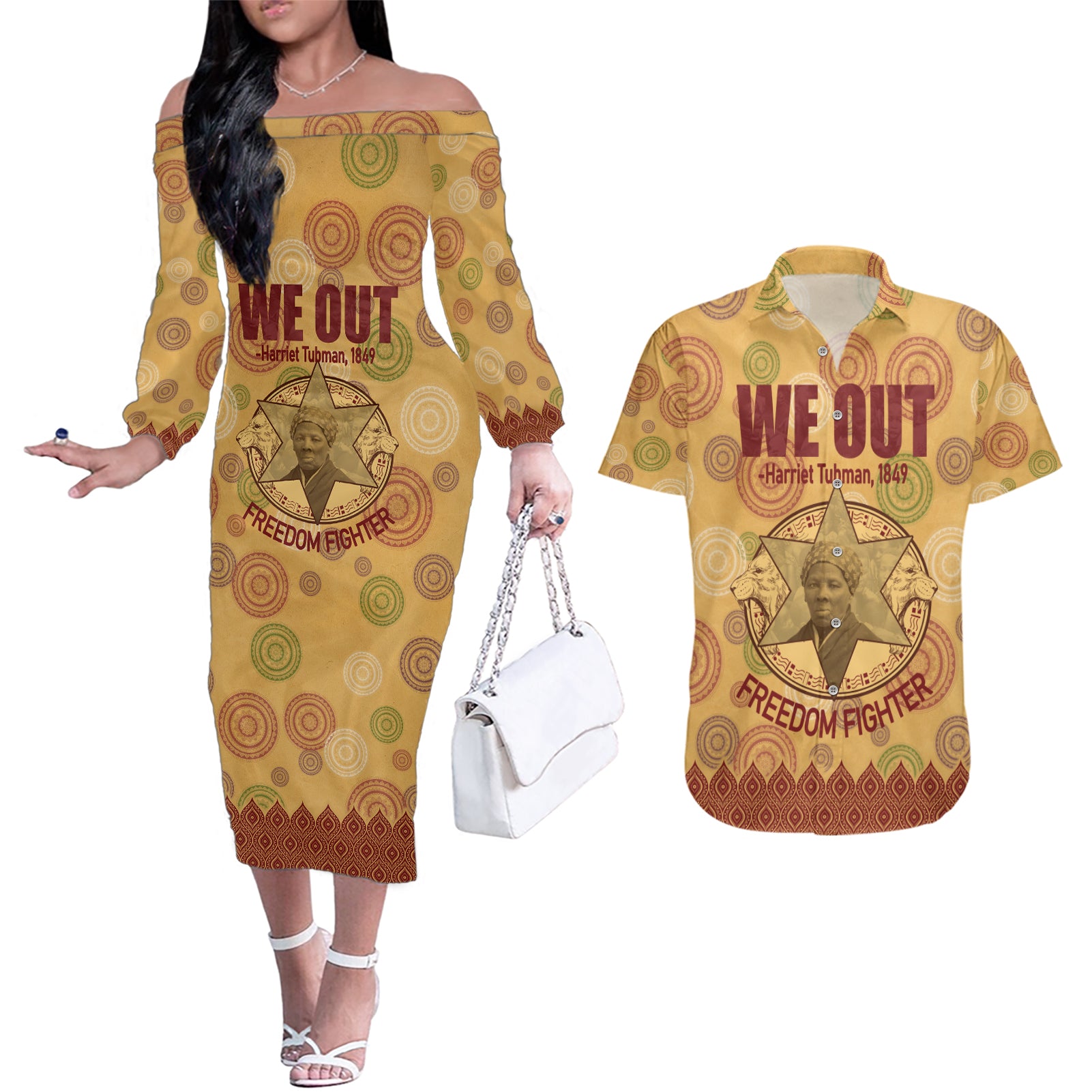 We Out 1849 African-American Couples Matching Off The Shoulder Long Sleeve Dress and Hawaiian Shirt Harriet Tubman - Wonder Print Shop