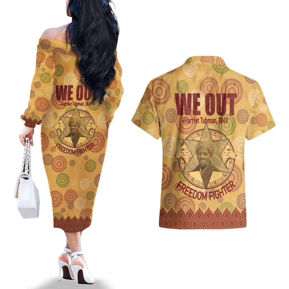 We Out 1849 African-American Couples Matching Off The Shoulder Long Sleeve Dress and Hawaiian Shirt Harriet Tubman - Wonder Print Shop