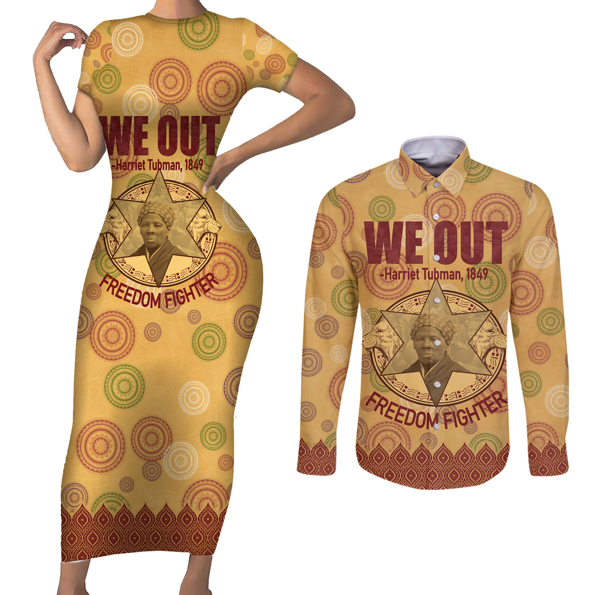We Out 1849 African-American Couples Matching Short Sleeve Bodycon Dress and Long Sleeve Button Shirt Harriet Tubman - Wonder Print Shop