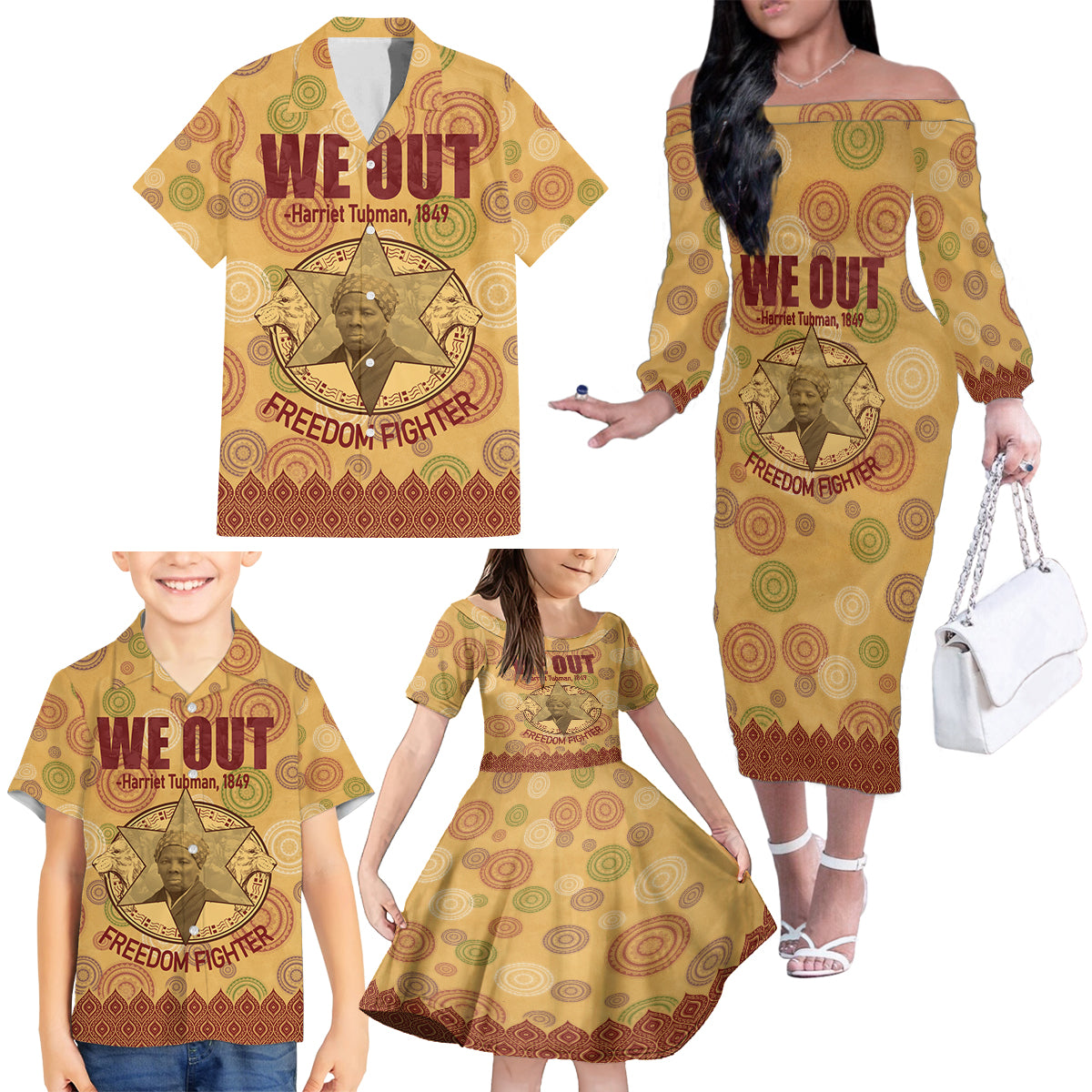We Out 1849 African-American Family Matching Off Shoulder Long Sleeve Dress and Hawaiian Shirt Harriet Tubman - Wonder Print Shop
