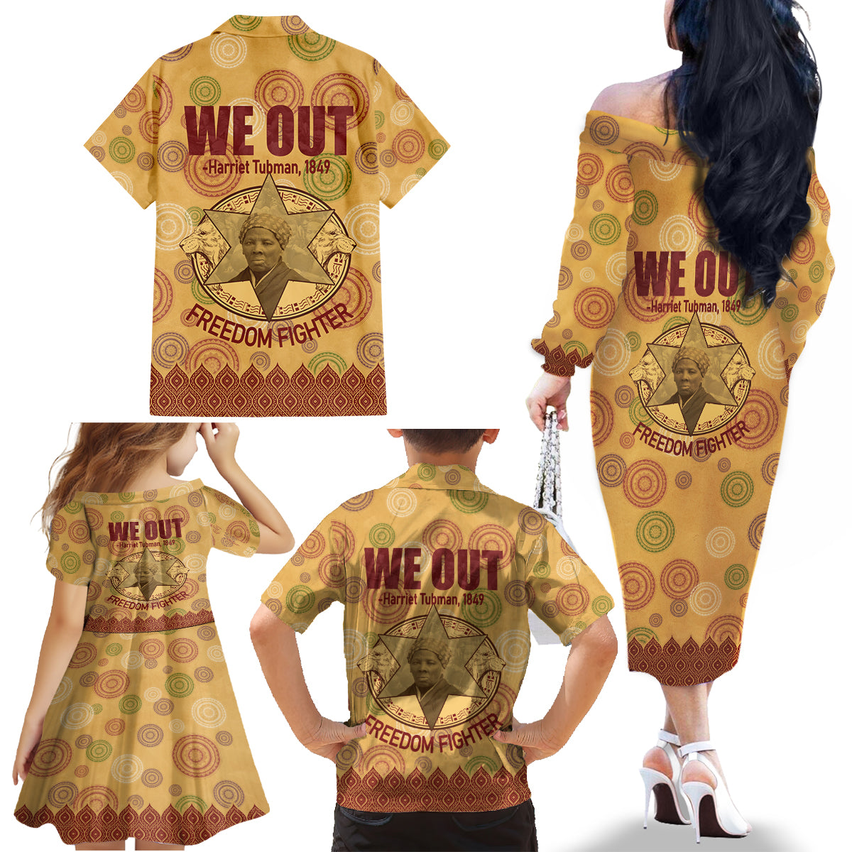 We Out 1849 African-American Family Matching Off Shoulder Long Sleeve Dress and Hawaiian Shirt Harriet Tubman - Wonder Print Shop