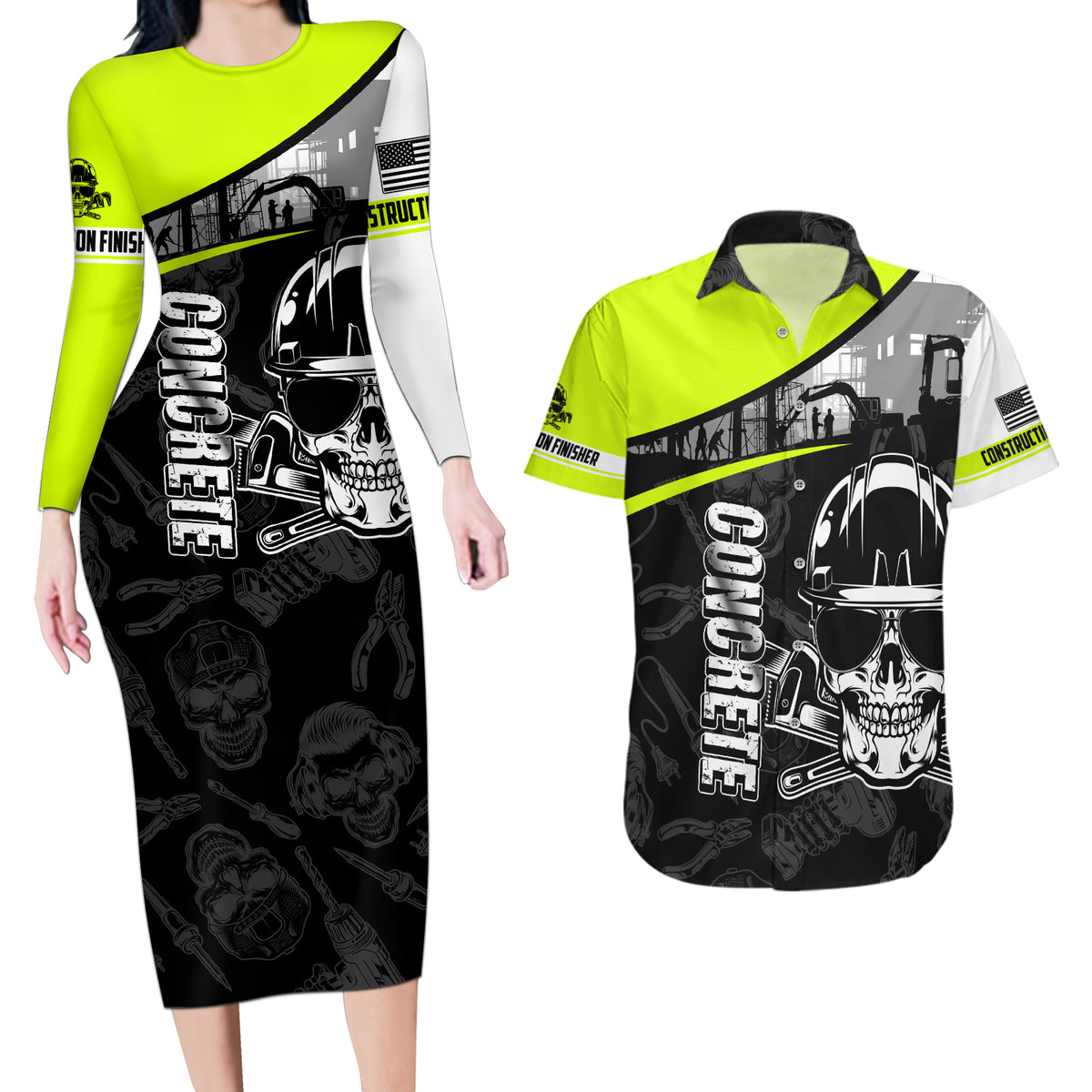 Concrete Finisher Skull on Site Couples Matching Long Sleeve Bodycon Dress and Hawaiian Shirt - Wonder Print Shop