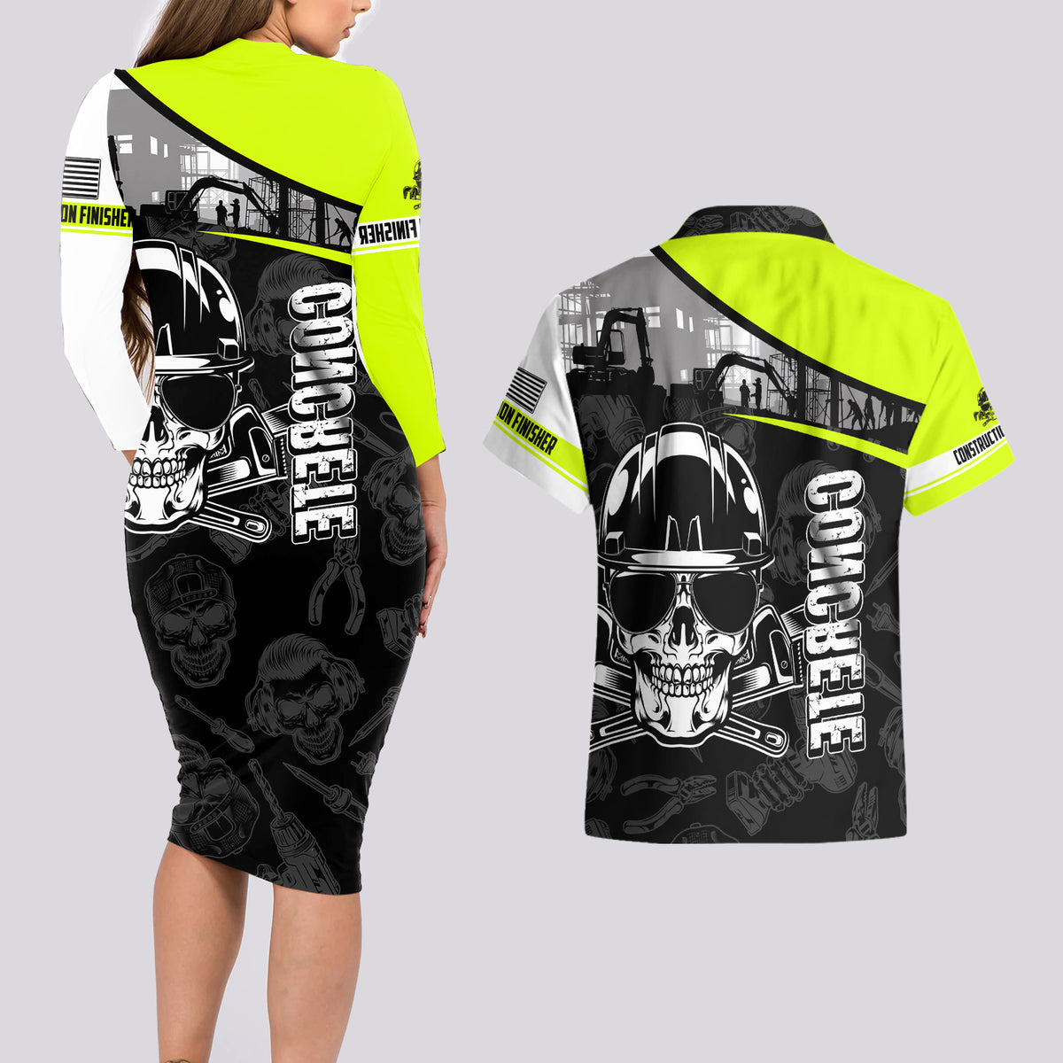 Concrete Finisher Skull on Site Couples Matching Long Sleeve Bodycon Dress and Hawaiian Shirt - Wonder Print Shop