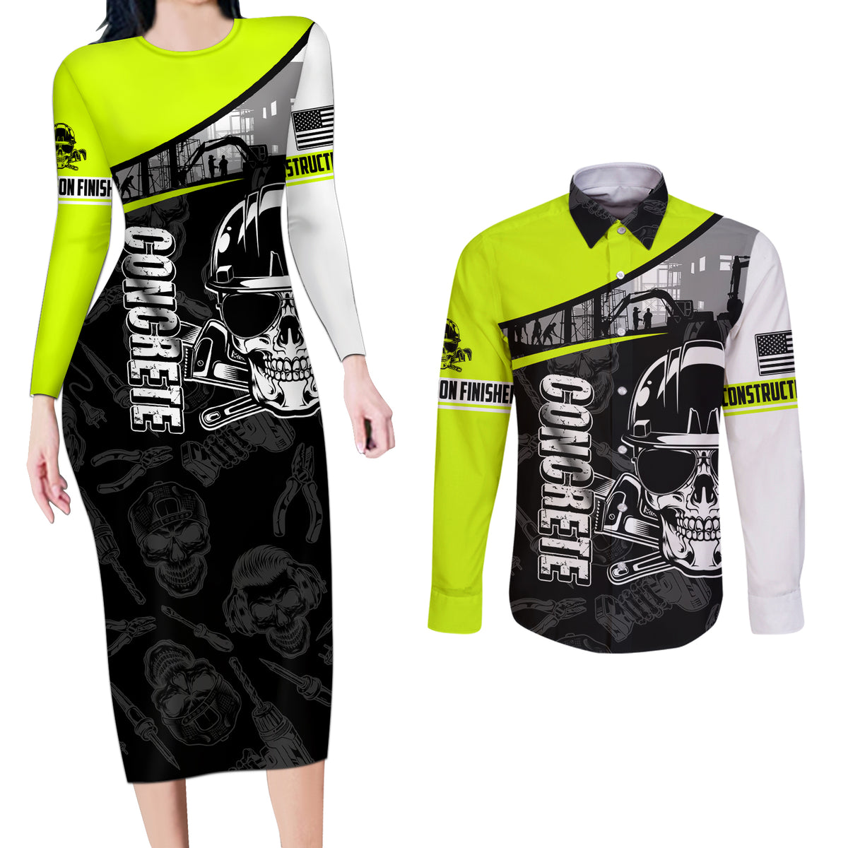 Concrete Finisher Skull on Site Couples Matching Long Sleeve Bodycon Dress and Long Sleeve Button Shirts - Wonder Print Shop