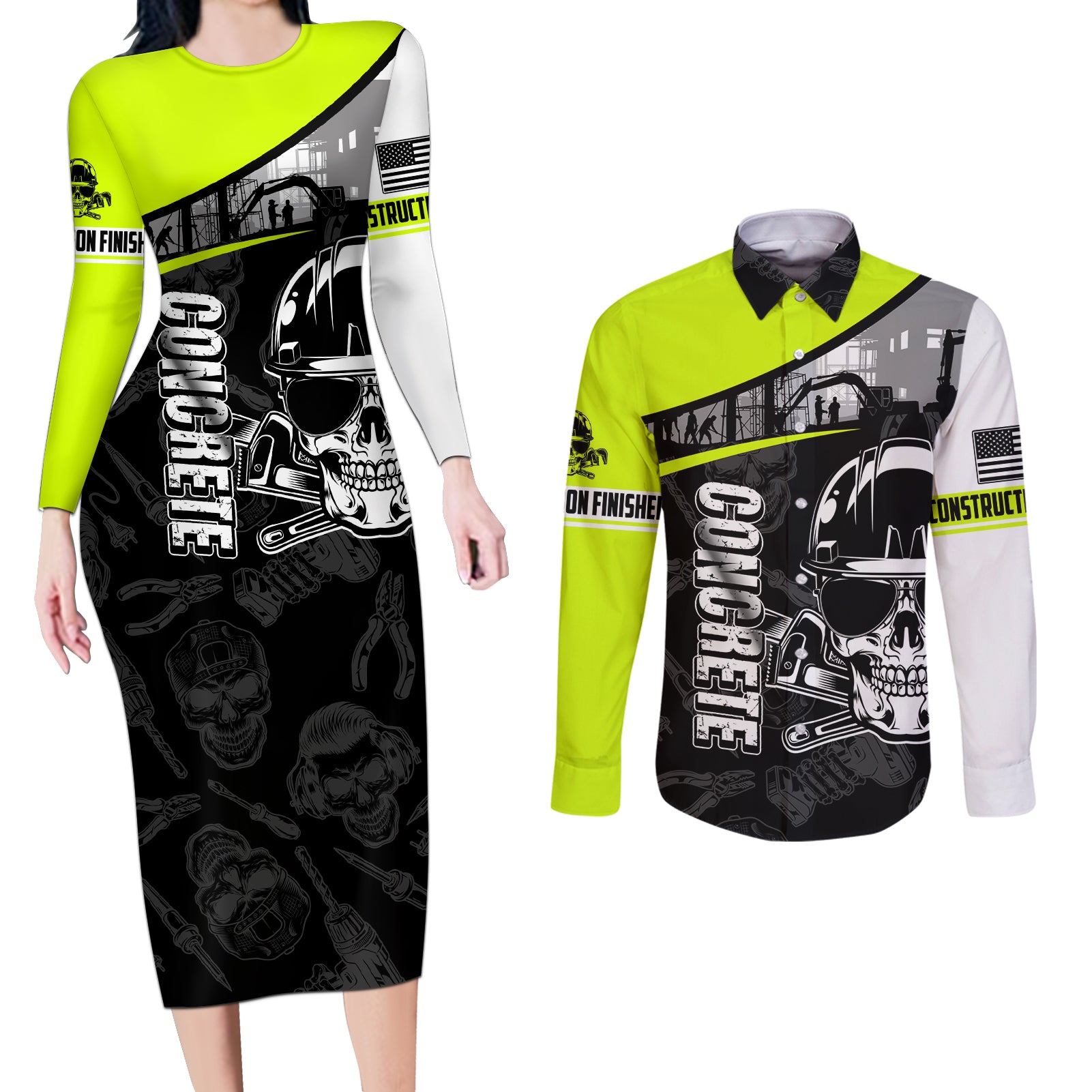 Concrete Finisher Skull on Site Couples Matching Long Sleeve Bodycon Dress and Long Sleeve Button Shirts - Wonder Print Shop