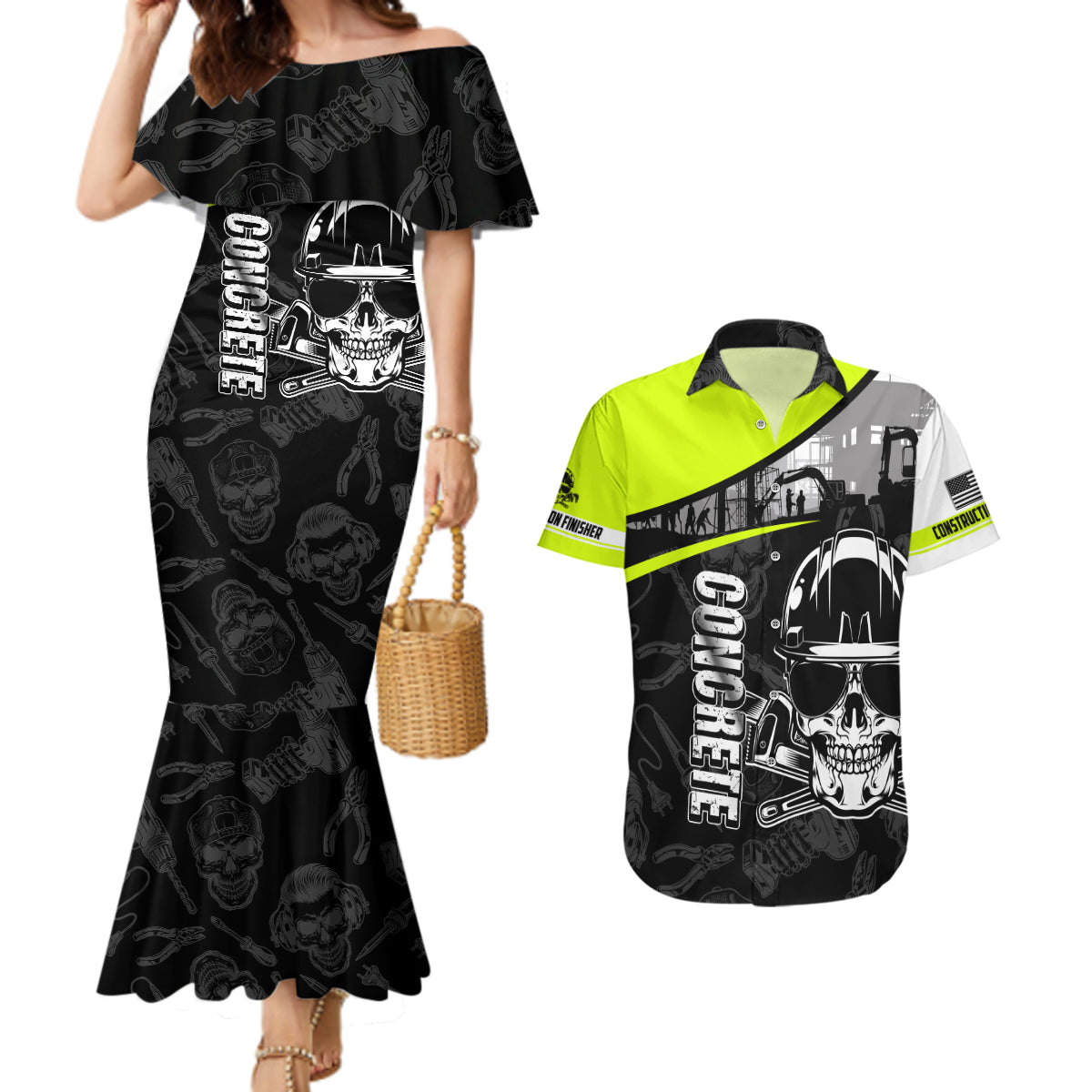 Concrete Finisher Skull on Site Couples Matching Mermaid Dress and Hawaiian Shirt - Wonder Print Shop