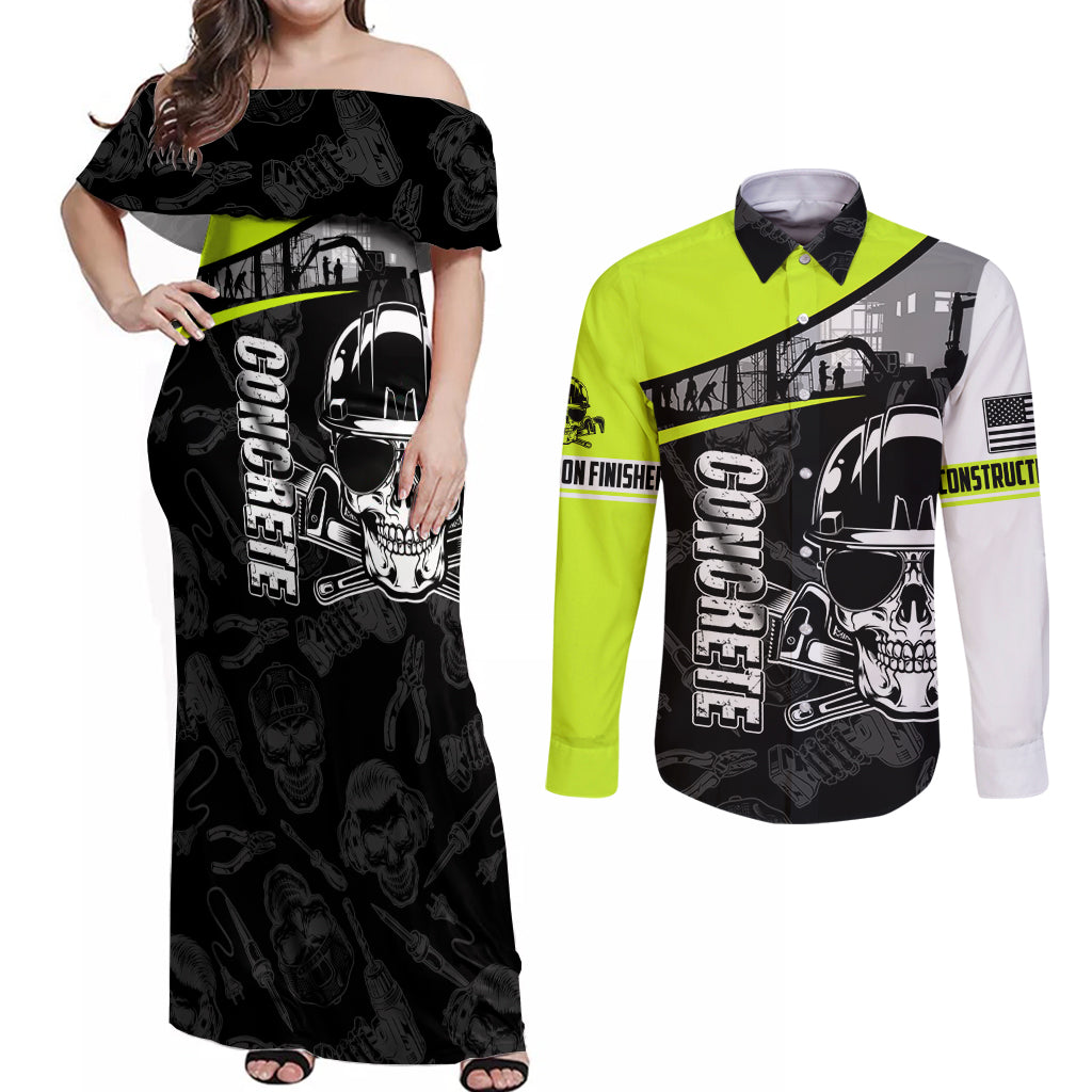 Concrete Finisher Skull on Site Couples Matching Off Shoulder Maxi Dress and Long Sleeve Button Shirts - Wonder Print Shop