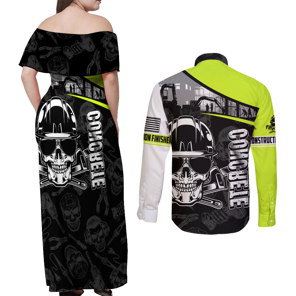 Concrete Finisher Skull on Site Couples Matching Off Shoulder Maxi Dress and Long Sleeve Button Shirts - Wonder Print Shop