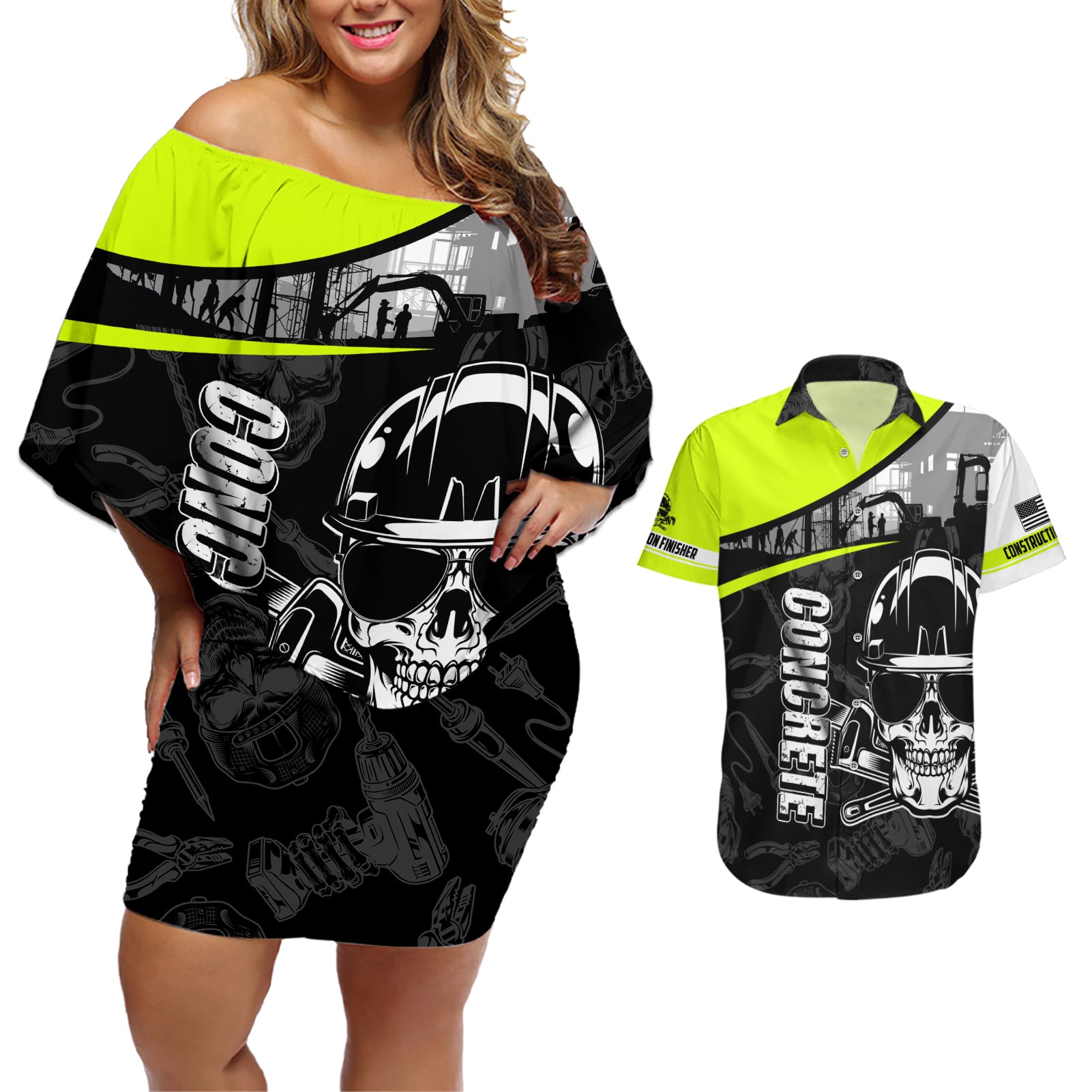 Concrete Finisher Skull on Site Couples Matching Off Shoulder Short Dress and Hawaiian Shirt - Wonder Print Shop