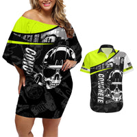 Concrete Finisher Skull on Site Couples Matching Off Shoulder Short Dress and Hawaiian Shirt - Wonder Print Shop