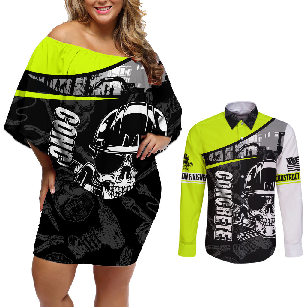 Concrete Finisher Skull on Site Couples Matching Off Shoulder Short Dress and Long Sleeve Button Shirts - Wonder Print Shop