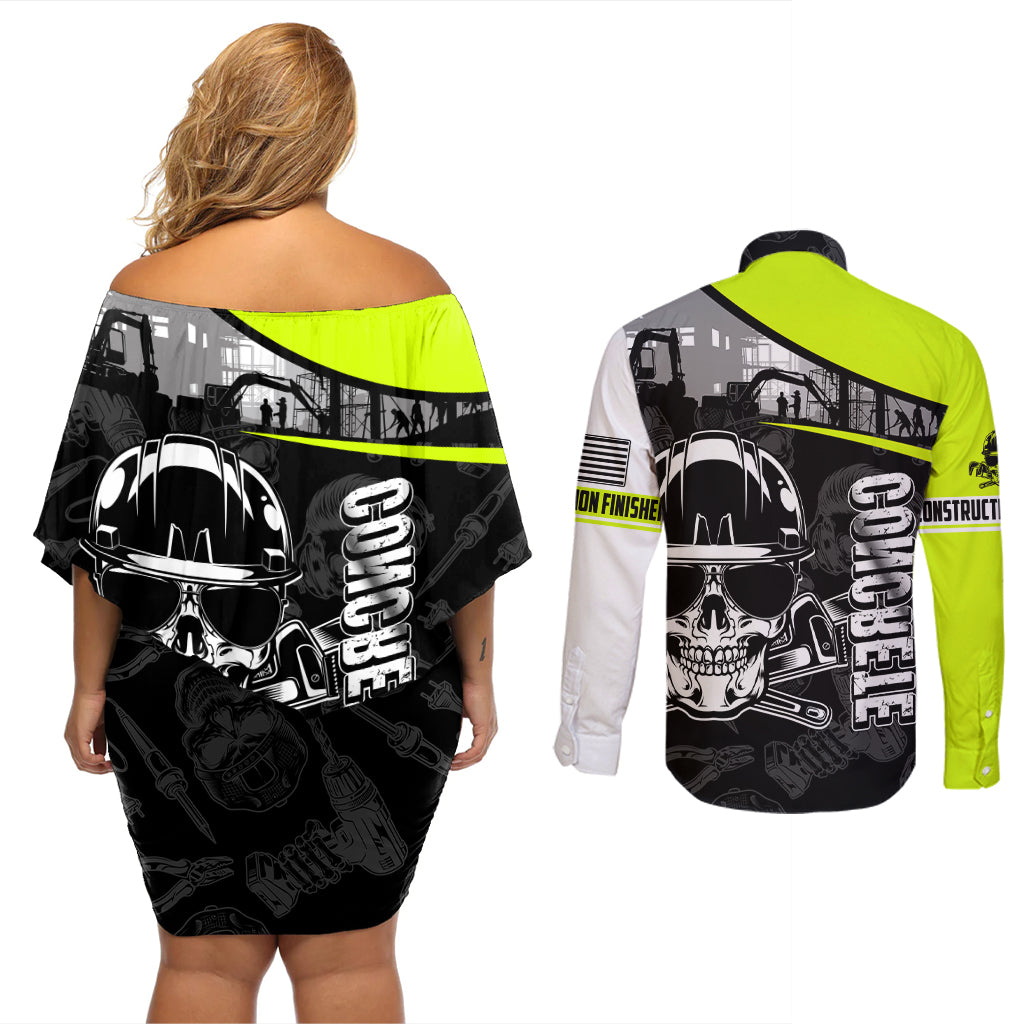 Concrete Finisher Skull on Site Couples Matching Off Shoulder Short Dress and Long Sleeve Button Shirts - Wonder Print Shop