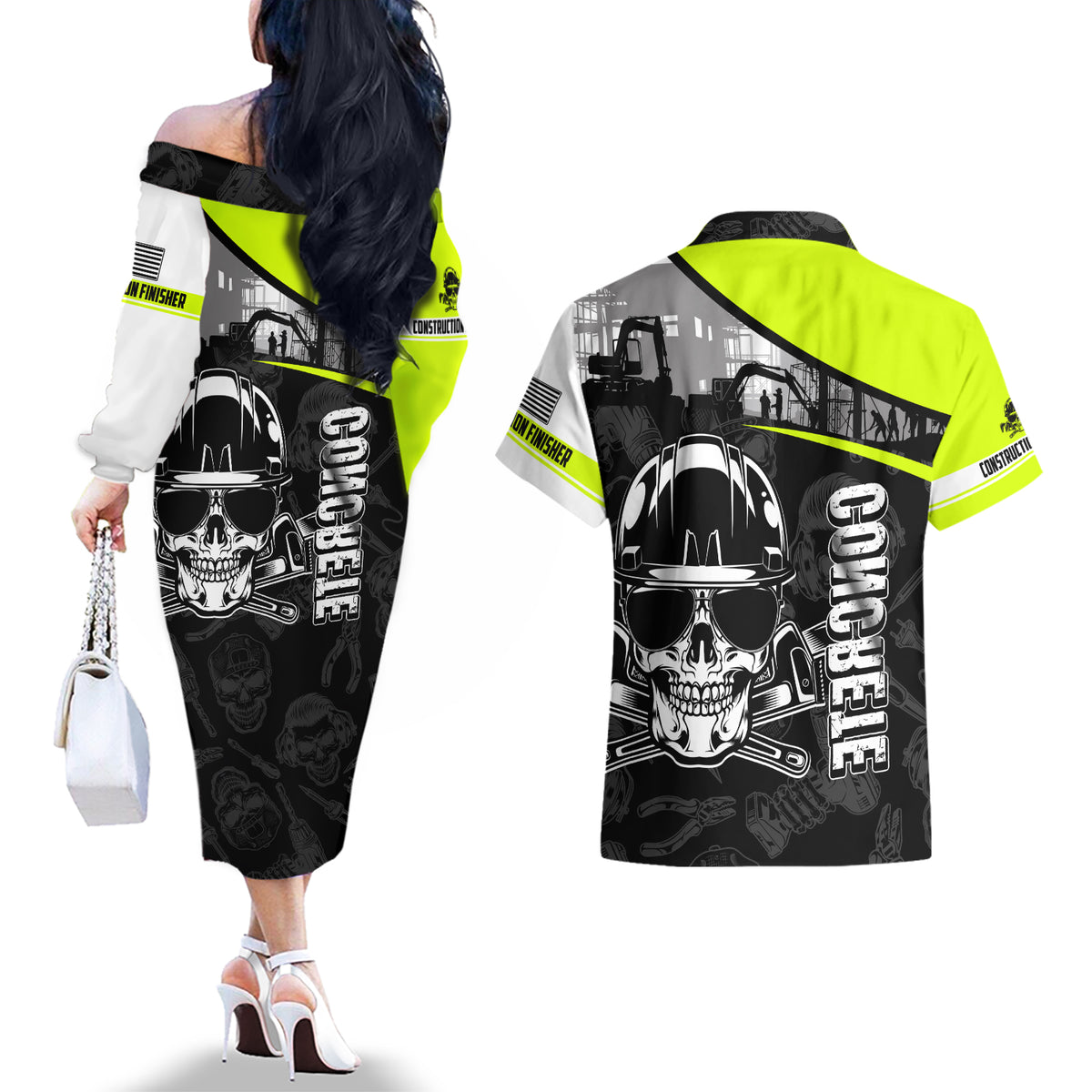 Concrete Finisher Skull on Site Couples Matching Off The Shoulder Long Sleeve Dress and Hawaiian Shirt - Wonder Print Shop