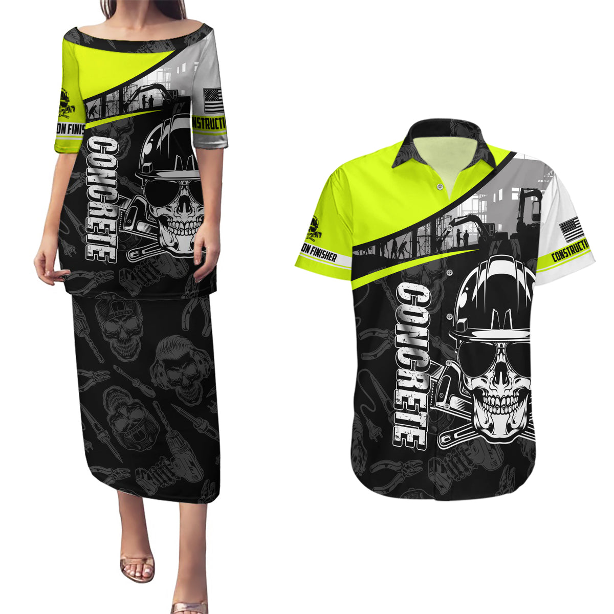 Concrete Finisher Skull on Site Couples Matching Puletasi Dress and Hawaiian Shirt - Wonder Print Shop