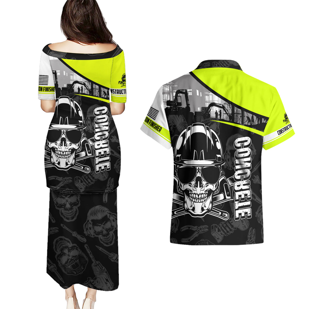 Concrete Finisher Skull on Site Couples Matching Puletasi Dress and Hawaiian Shirt - Wonder Print Shop