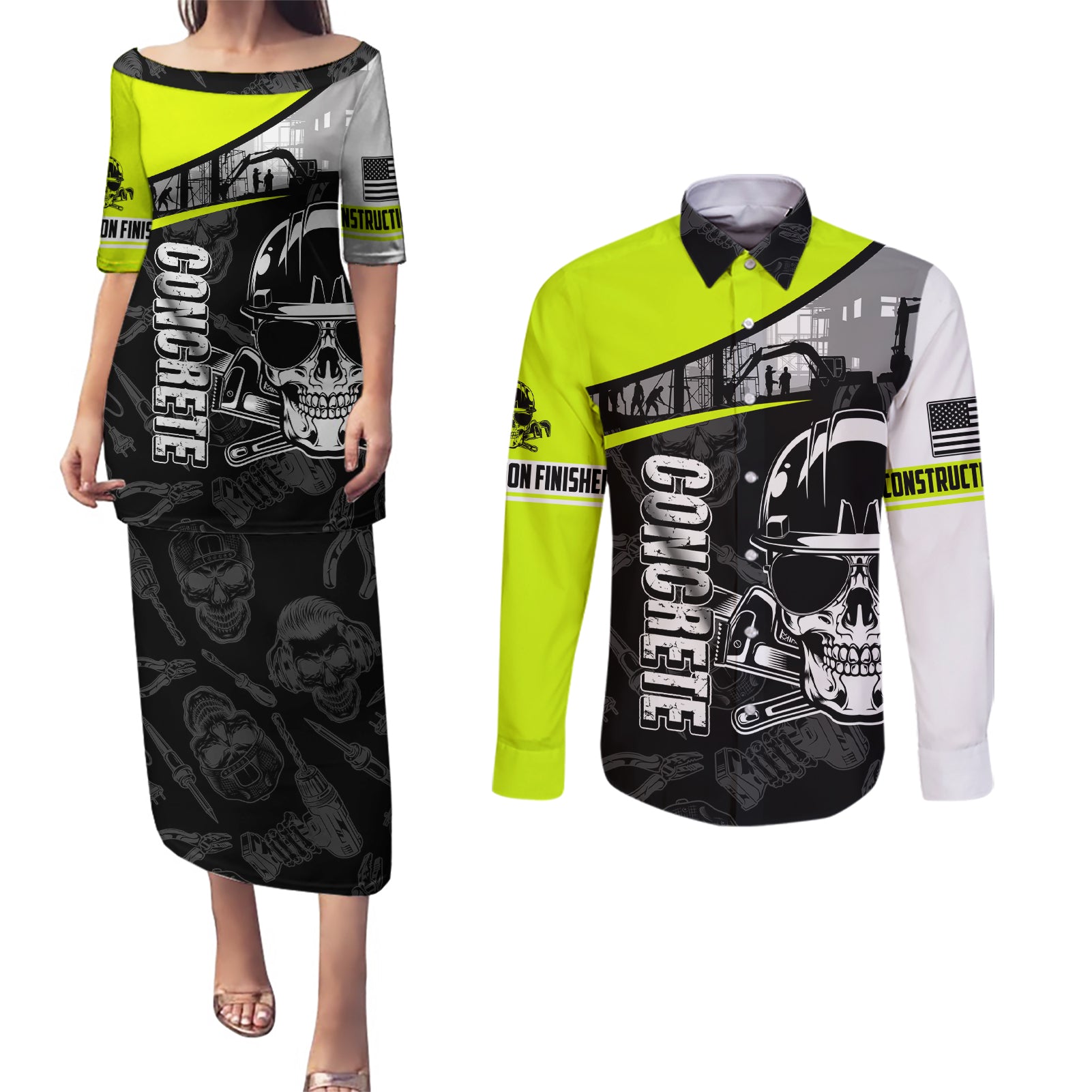 Concrete Finisher Skull on Site Couples Matching Puletasi Dress and Long Sleeve Button Shirts - Wonder Print Shop