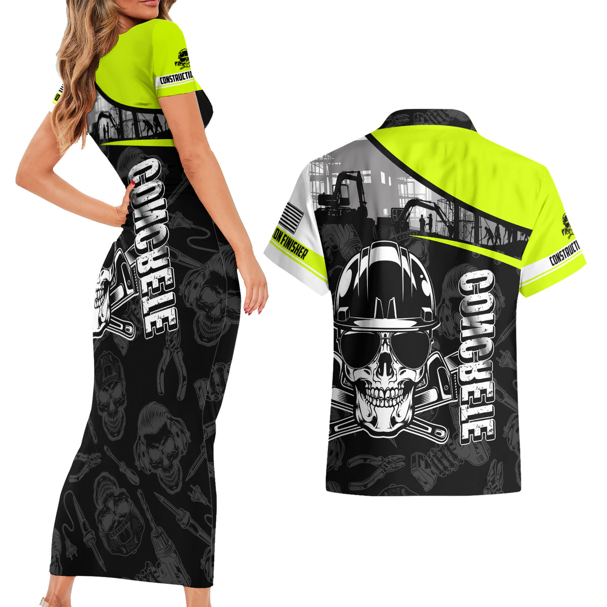 Concrete Finisher Skull on Site Couples Matching Short Sleeve Bodycon Dress and Hawaiian Shirt - Wonder Print Shop