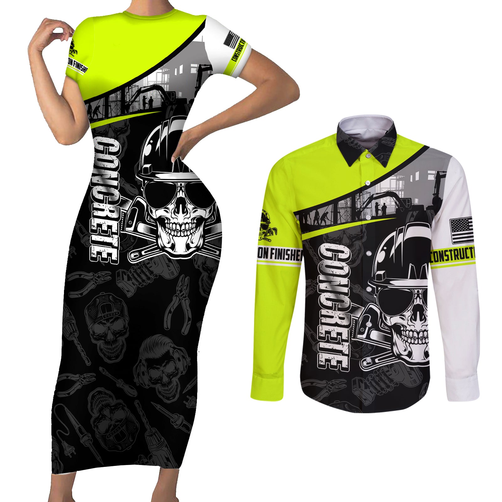 Concrete Finisher Skull on Site Couples Matching Short Sleeve Bodycon Dress and Long Sleeve Button Shirts - Wonder Print Shop