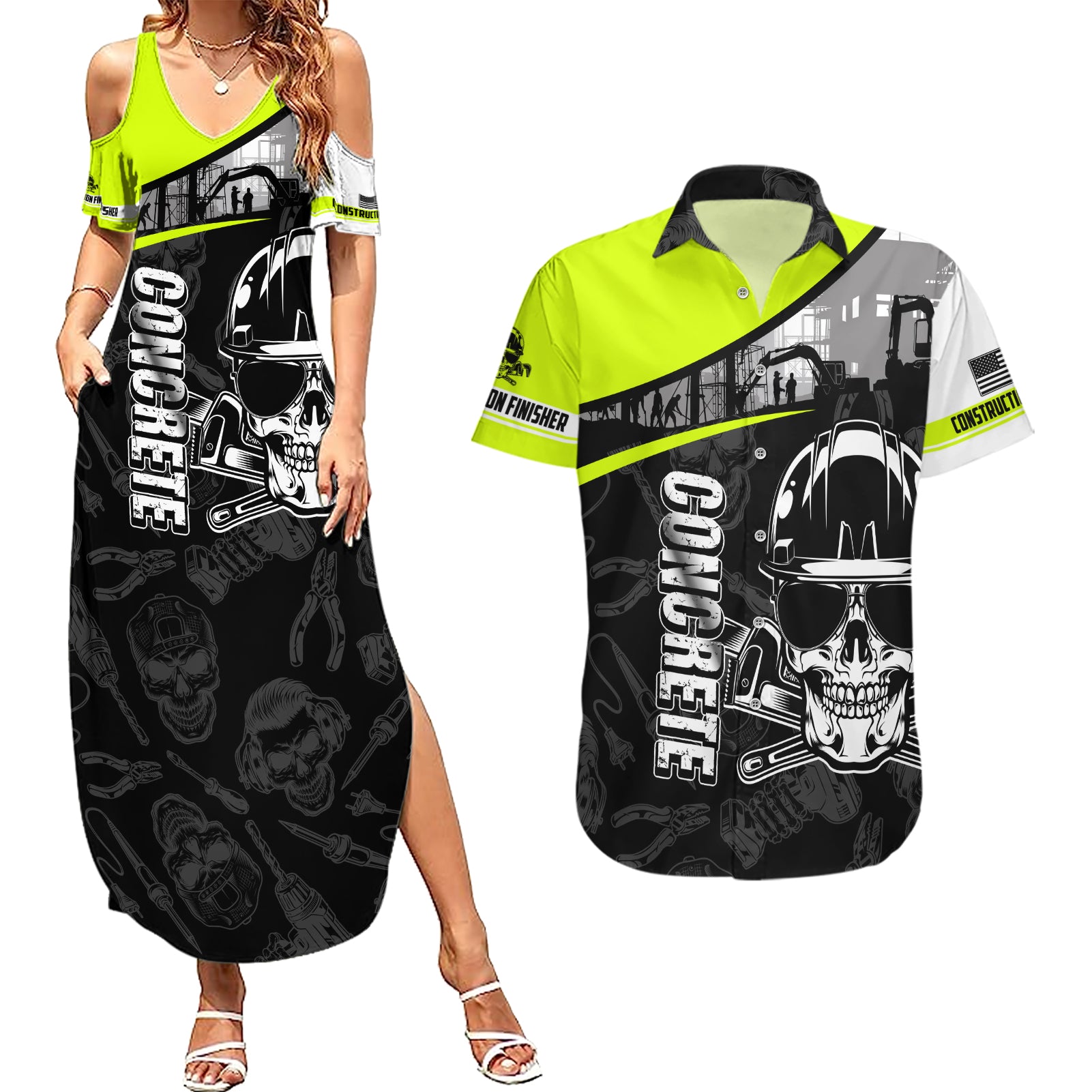 Concrete Finisher Skull on Site Couples Matching Summer Maxi Dress and Hawaiian Shirt - Wonder Print Shop