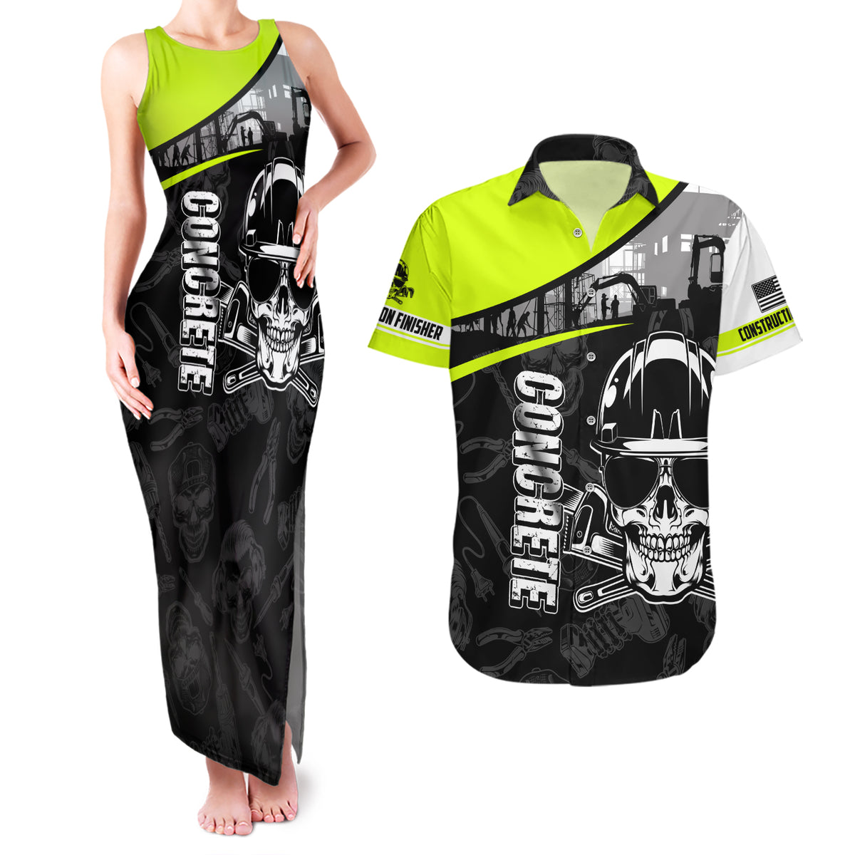 Concrete Finisher Skull on Site Couples Matching Tank Maxi Dress and Hawaiian Shirt - Wonder Print Shop