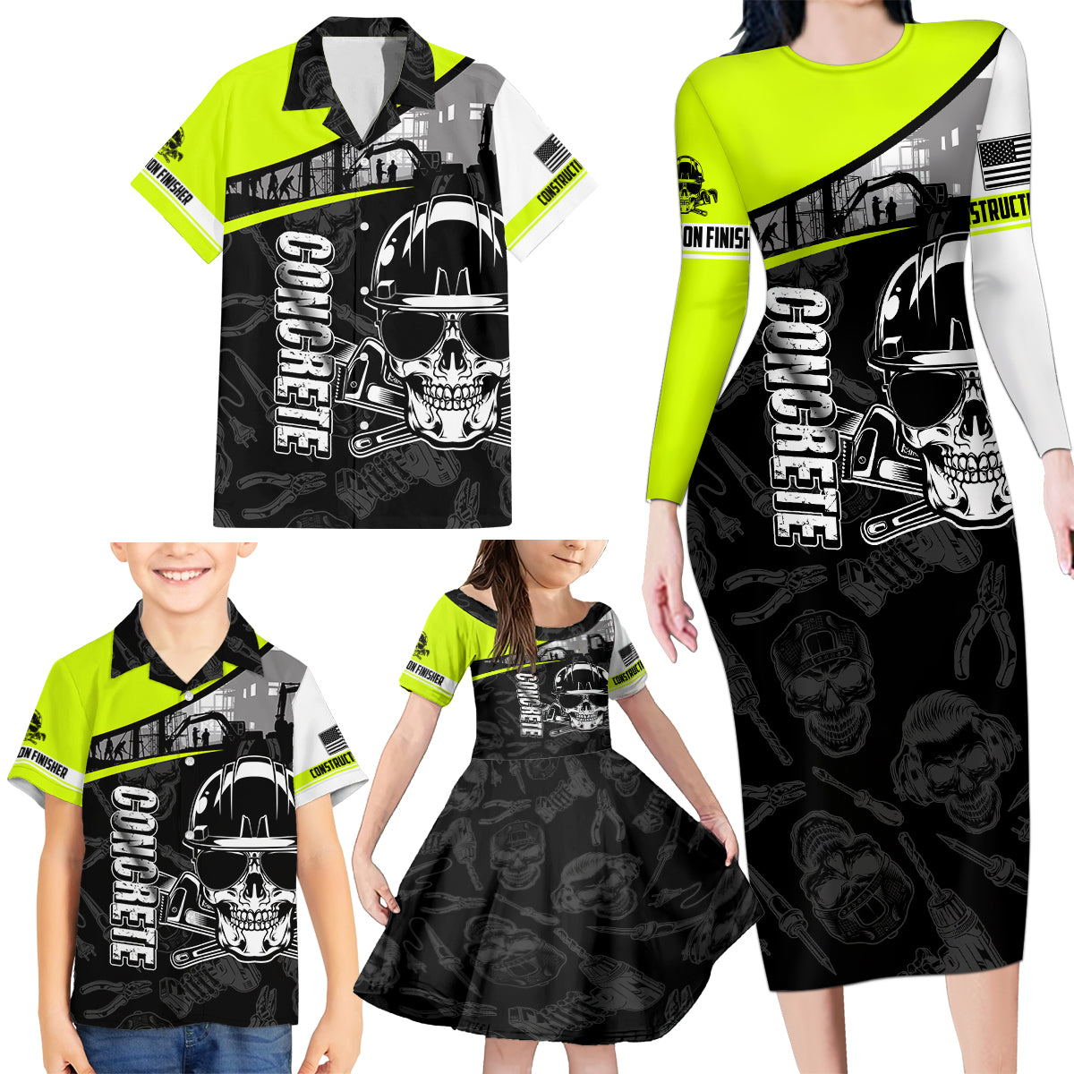 Concrete Finisher Skull on Site Family Matching Long Sleeve Bodycon Dress and Hawaiian Shirt - Wonder Print Shop