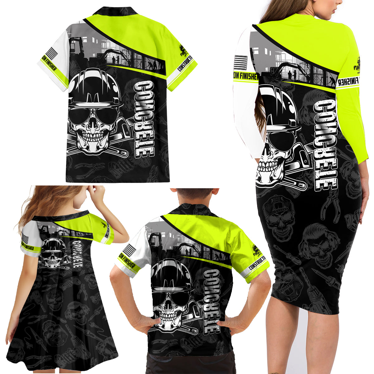 Concrete Finisher Skull on Site Family Matching Long Sleeve Bodycon Dress and Hawaiian Shirt - Wonder Print Shop