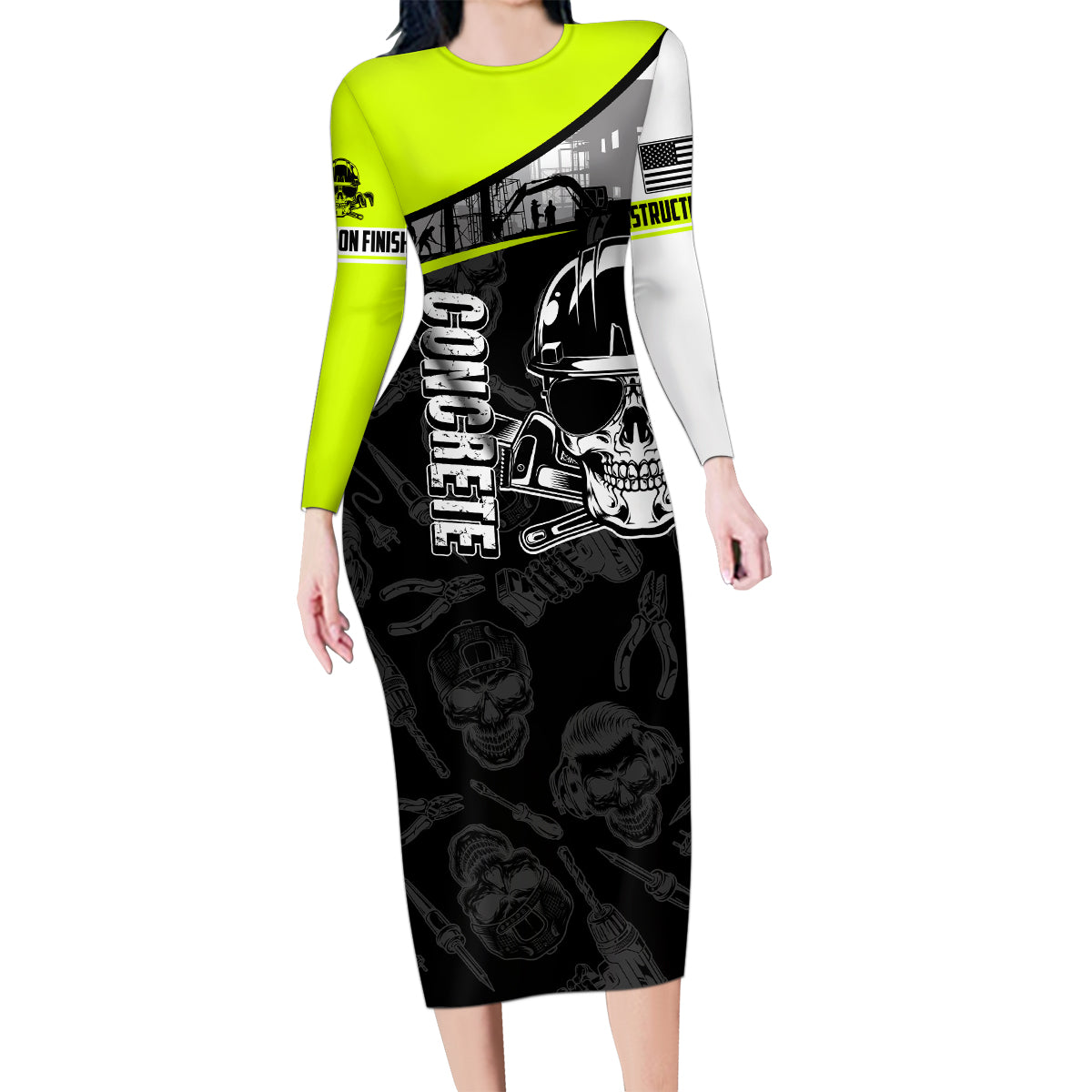 Concrete Finisher Skull on Site Family Matching Long Sleeve Bodycon Dress and Hawaiian Shirt - Wonder Print Shop