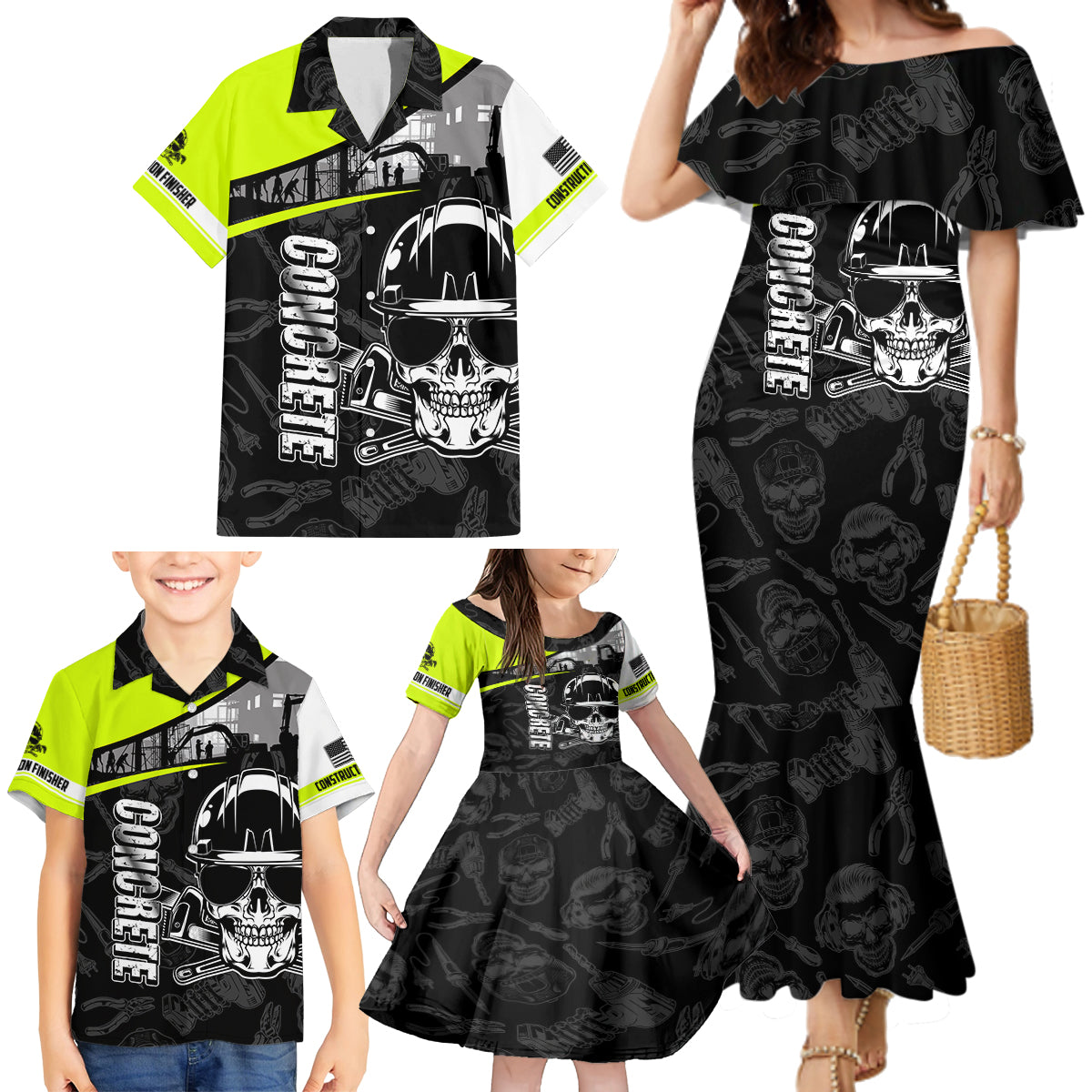 Concrete Finisher Skull on Site Family Matching Mermaid Dress and Hawaiian Shirt - Wonder Print Shop