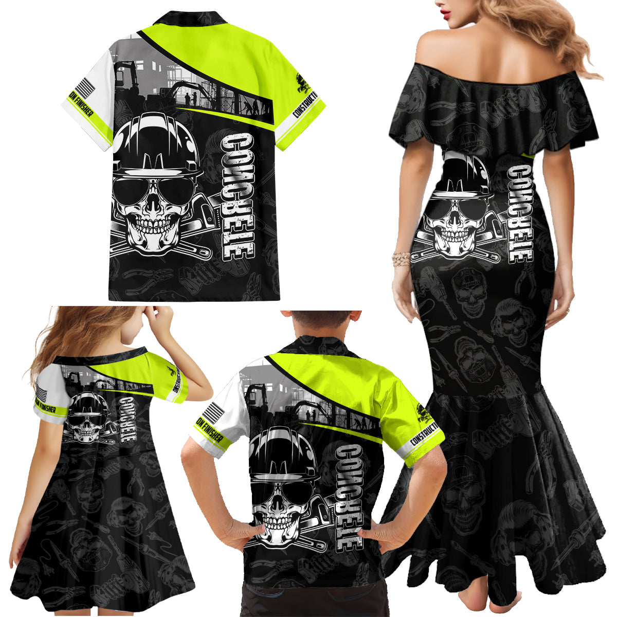 Concrete Finisher Skull on Site Family Matching Mermaid Dress and Hawaiian Shirt - Wonder Print Shop