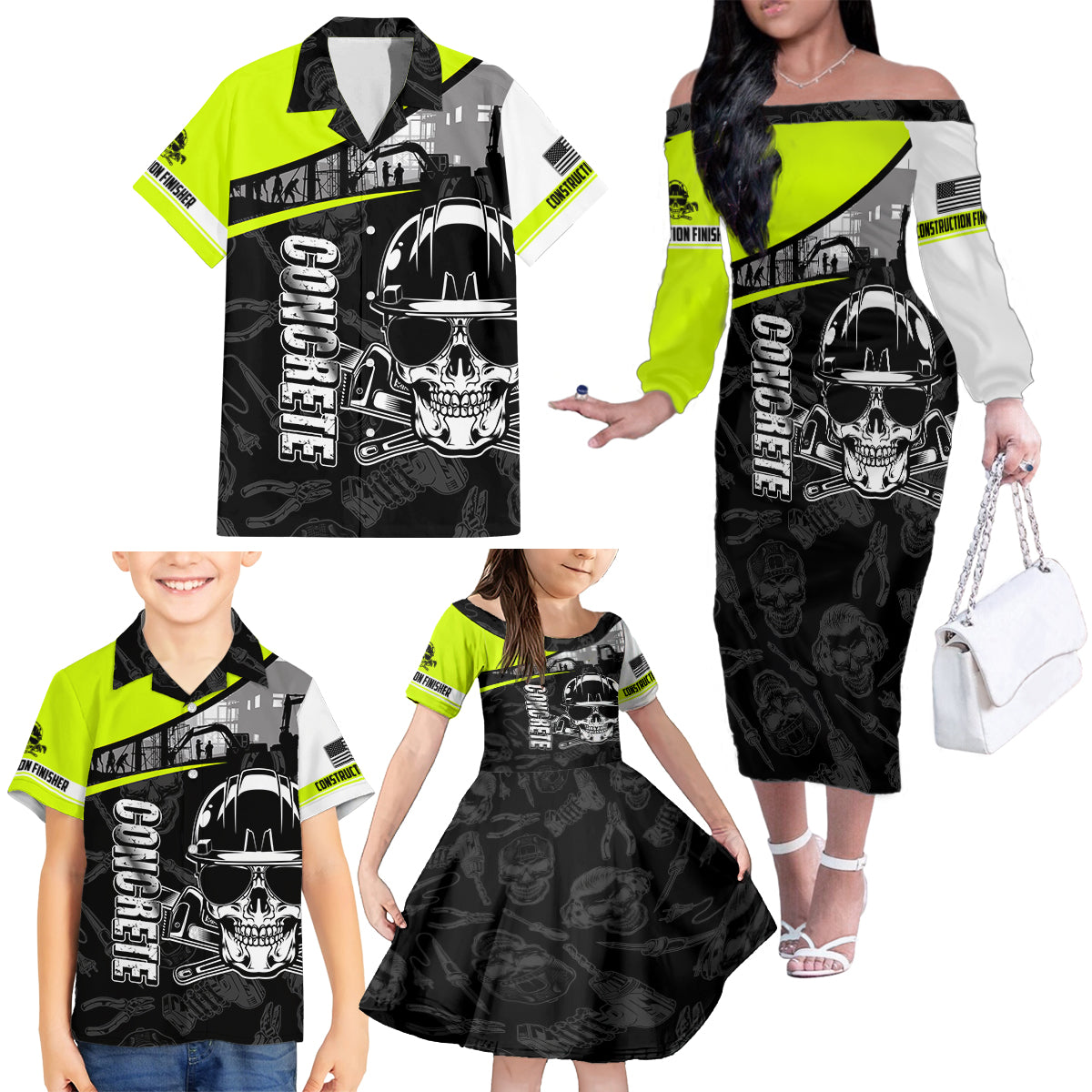 Concrete Finisher Skull on Site Family Matching Off Shoulder Long Sleeve Dress and Hawaiian Shirt - Wonder Print Shop
