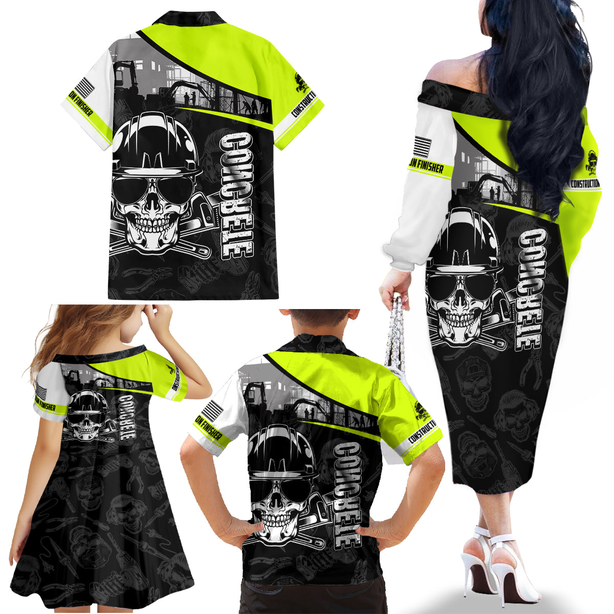 Concrete Finisher Skull on Site Family Matching Off Shoulder Long Sleeve Dress and Hawaiian Shirt - Wonder Print Shop